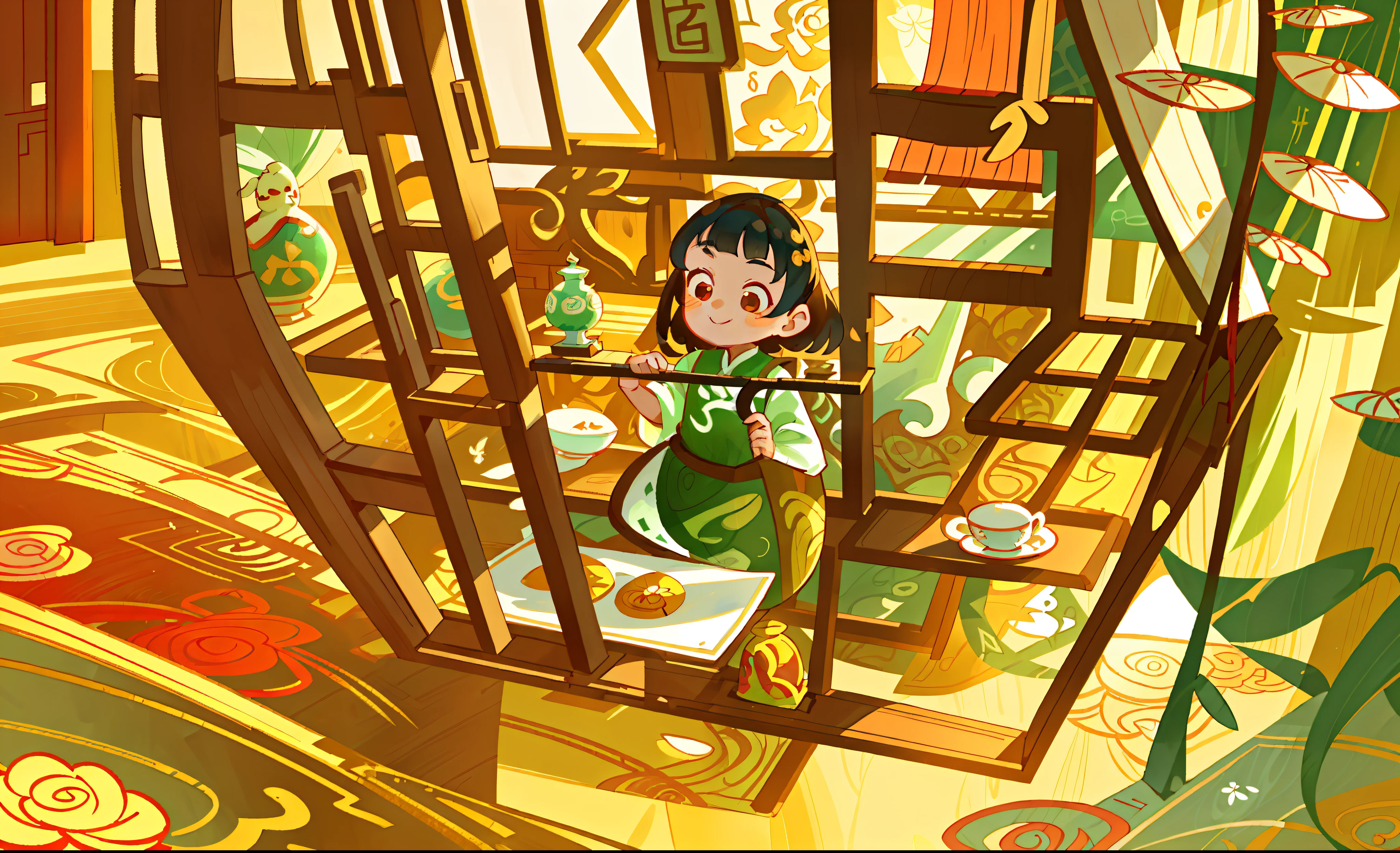 A girl in a traditional Chinese-style indoor setting, wearing a beautiful flowing dress with intricate patterns. The girl has a joyful expression on her face, with bright, sparkly eyes and a wide, happy smile. Her skin is highly detailed and flawless, with a soft, porcelain-like appearance. The scene is bathed in warm, golden lighting, creating a cozy and inviting atmosphere.
The room is elegantly decorated with traditional Chinese furniture and ornaments, such as red lanterns, hand-painted porcelain vases, and ornate wooden screens. The walls are adorned with delicate silk paintings depicting serene landscapes and colorful floral arrangements. The air is filled with the fragrance of incense, adding to the peaceful ambiance.
The girl is surrounded by her favorite things, including a tea set with delicate porcelain cups, a stack of ancient books, and a traditional Chinese musical instrument. She sits gracefully on a silk-covered cushion, holding a delicate fan in her hand. Outside the window, a view of a tranquil garden can be seen, with blooming cherry blossom trees and a serene koi pond.
The artwork is created with the highest quality standards, ensuring every detail is captured with precision and clarity. The colors are vibrant and rich, reflecting the traditional color palette of Chinese art. The brushstrokes are refined and skillful, showcasing the beauty of traditional Chinese painting techniques.
The focus of the artwork is on the girl, her surroundings, and the intricate details of her dress and accessories. The eyes are particularly detailed, capturing the depth and expressiveness of her gaze. The overall effect is one of harmony and tranquility, inviting the viewer to immerse themselves in the beauty of Chinese culture and tradition.
(best quality, 8K, highres, masterpiece:1.2), ultra-detailed, (realistic, photorealistic, photo-realistic:1.37), traditional Chinese art, joyful expression, intricate patterns, Chinese music, Chinese tea set, traditional f