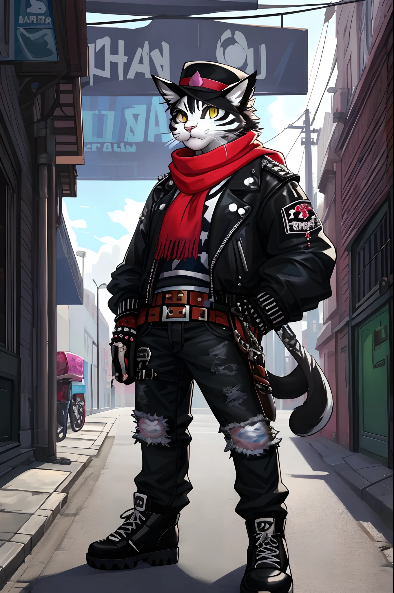 a painting of a cat wearing a hat and scarf, trending in the art station, dressed in punk clothes, detailed hyper realistic rendering, british gang member, street style, intimidating pose, planet of the cats, clothes with fashion, urban samurai, meow, west slavic features, 8 1 5