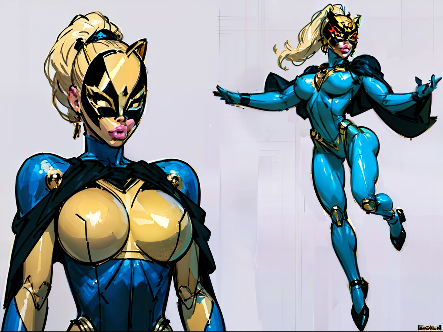 ((masterpiece)),(((best quality))),((character design sheet)), ((full body view)) illustration,1girl, muscular, ((blue and gold bodysuit:1.6)), (masked over eyes:1.6) (gold and black color palette:1.4) superhero, (black ponytail:1.4), (puffy lips:1.6) (black cape:1.4) beautiful woman, (small breasts:1.3)(black legs:1.3)shiny skin, (gold emblem on chest:1.2),scribbles and marks, rough sketches, pose, 8k,16k, (simple background, white background: 1.3)(gigantic breasts:1.0)