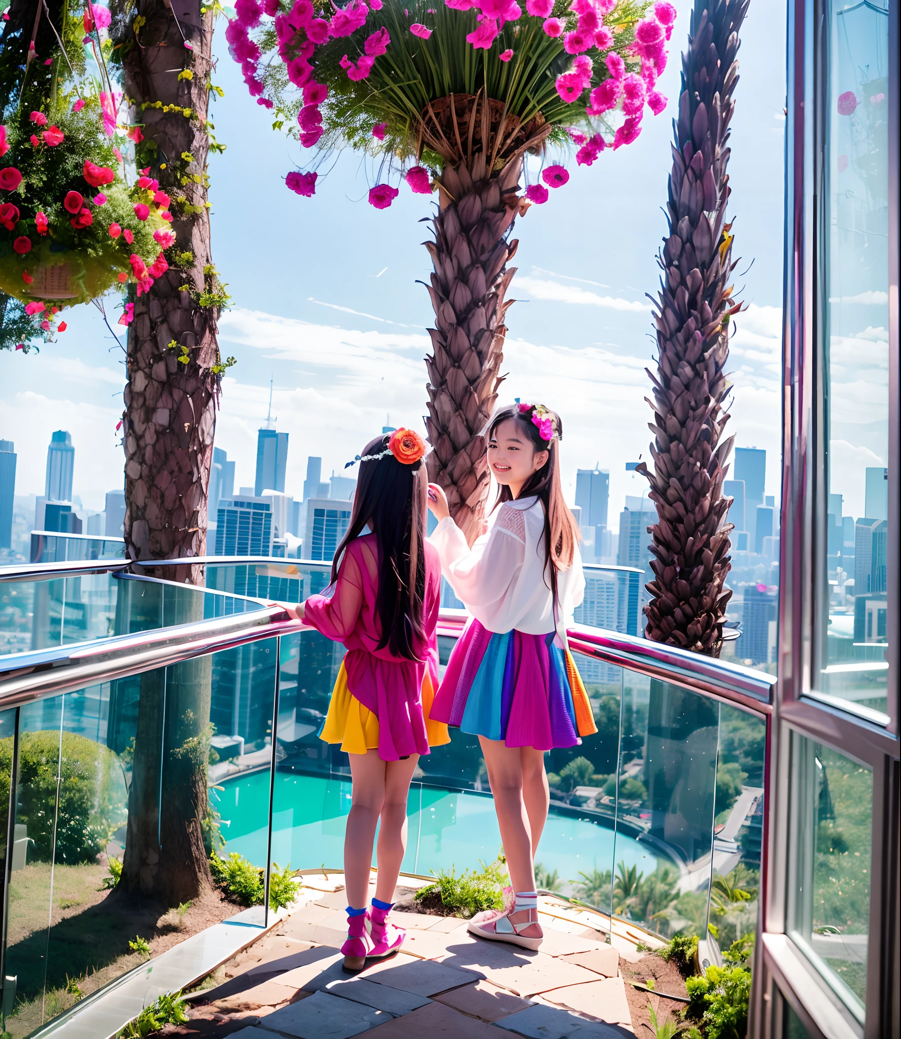 180th floor infinity pool，The tallest building in the urban forest，Around bonsai，Luo Han Song，coconut palms，tulips，Rose flower，Tease alpacas to play，There were five little girls wearing openwork translucent stockings，Pouting and smiling，is shy，Pinch your colorful hair, vivid vivid colors, multicolored clothing, Cut a tattered T-shirt, vibrant color details, Vibrant and dynamic, bright vibrant colors, multicolored clothing, rich and vivid colors, vivid vivid colors, Vivid and vibrant colors, vibrant tones, colorful outfit, colorful fashion, vivd colour, vivid and vibrant