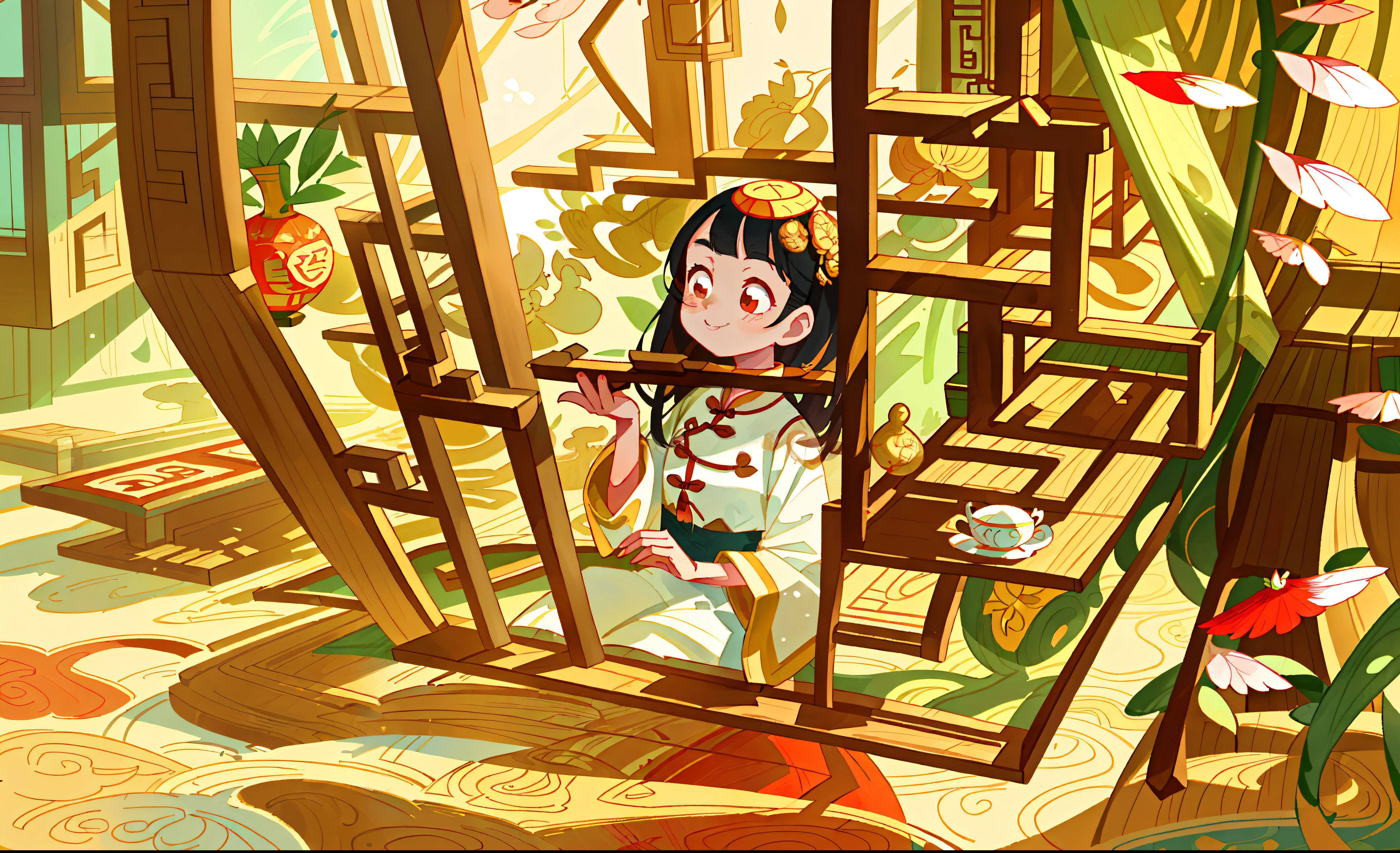 A girl in a traditional Chinese-style indoor setting, wearing a beautiful flowing dress with intricate patterns. The girl has a joyful expression on her face, with bright, sparkly eyes and a wide, happy smile. Her skin is highly detailed and flawless, with a soft, porcelain-like appearance. The scene is bathed in warm, golden lighting, creating a cozy and inviting atmosphere.
The room is elegantly decorated with traditional Chinese furniture and ornaments, such as red lanterns, hand-painted porcelain vases, and ornate wooden screens. The walls are adorned with delicate silk paintings depicting serene landscapes and colorful floral arrangements. The air is filled with the fragrance of incense, adding to the peaceful ambiance.
The girl is surrounded by her favorite things, including a tea set with delicate porcelain cups, a stack of ancient books, and a traditional Chinese musical instrument. She sits gracefully on a silk-covered cushion, holding a delicate fan in her hand. Outside the window, a view of a tranquil garden can be seen, with blooming cherry blossom trees and a serene koi pond.
The artwork is created with the highest quality standards, ensuring every detail is captured with precision and clarity. The colors are vibrant and rich, reflecting the traditional color palette of Chinese art. The brushstrokes are refined and skillful, showcasing the beauty of traditional Chinese painting techniques.
The focus of the artwork is on the girl, her surroundings, and the intricate details of her dress and accessories. The eyes are particularly detailed, capturing the depth and expressiveness of her gaze. The overall effect is one of harmony and tranquility, inviting the viewer to immerse themselves in the beauty of Chinese culture and tradition.
(best quality, 8K, highres, masterpiece:1.2), ultra-detailed, (realistic, photorealistic, photo-realistic:1.37), traditional Chinese art, joyful expression, intricate patterns, Chinese music, Chinese tea set, traditional f