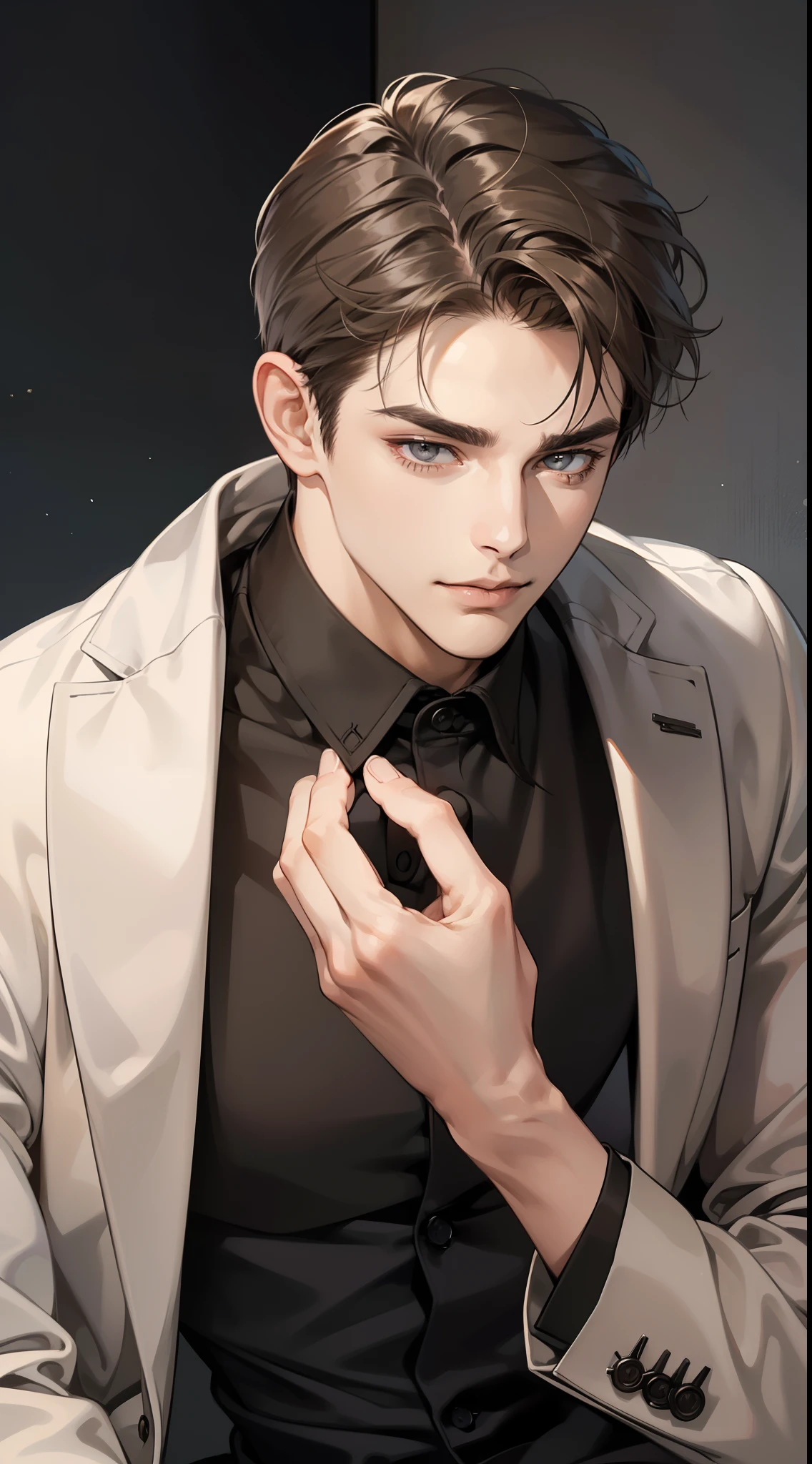 masterpiece, best quality, realistic, 1man, mature male, quiet and charming young man, 25 year old, serious look, closed mouth, portrait, extremely detailed face, cold smile, ((dark grey eyes)), ((short-right-swept dark brown hair)), [thick eyebrows], ((suit)), handsome, full body, western, Jewish, light brown skin,