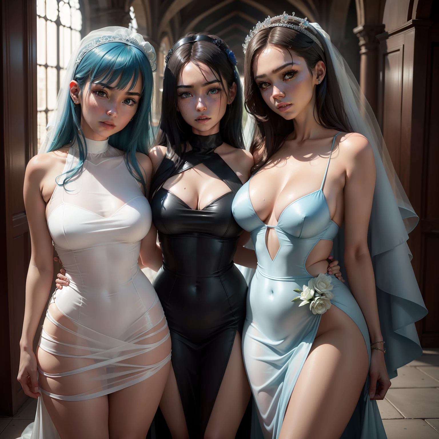 Tiffany has blue hair，(Exceptional detail，The lighting effect is outstanding，wide angle view)，(Excellent rendering，Basta, To stand out from the crowd)，The point is, that the white wedding dress is very transparent， tmasterpiece， extra high resolution， （realisti：1.5）， photo RAW， petite girl， shoulders，Light shadows， Low tuning， Cold light，  look，Alkina Dimitrescu、Ohina Domitrescu，Resident Evil，The Three Sisters，mother and daughter，churches，Weddings，wedding dress，transparent dress，A real person，Very heavy rain，Dab，Wet cloths，Wet，Camel fingers，Real human photos，Irreal5 motor，Japanese and Russian mixed race girls，Sister Flower，Twins