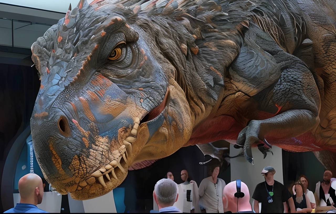 Araffe en un museo con gente mirando un gran dinosaurio, Trex de Godzilla (2014), Weta FX, Estudios Weta, Estudio Weta, Taller de Weta, Realistic and realistic dragon, Dinosaurio Trex, Taller de Weta Concept Art, T-rex, T - Rex, extremadamente detallado y realista, 8 K criatura ultra realista, Weta Disney