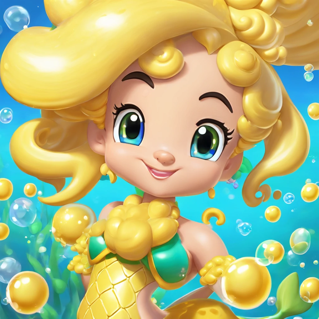 Mermaid, tan mertail covered in yellow bubbles, yellow top, puffy tan hair, masterpiece, best quality