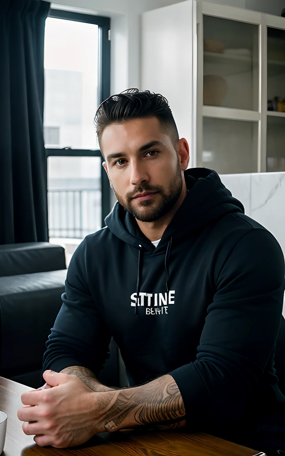 Photorealistic, best quality, hyper-detailed, stylish man in his thirties with a stubby beard and muscular build, selfie photo, upper body, solo, wearing a hoodie, indoors, (night), modern living room, authentic furniture, (cool, confident), analog style, looking directly at the viewer, intricate skin texture, film grain, close-up, ultra-high resolution, optimal shadow, RAW, Instagram LUT