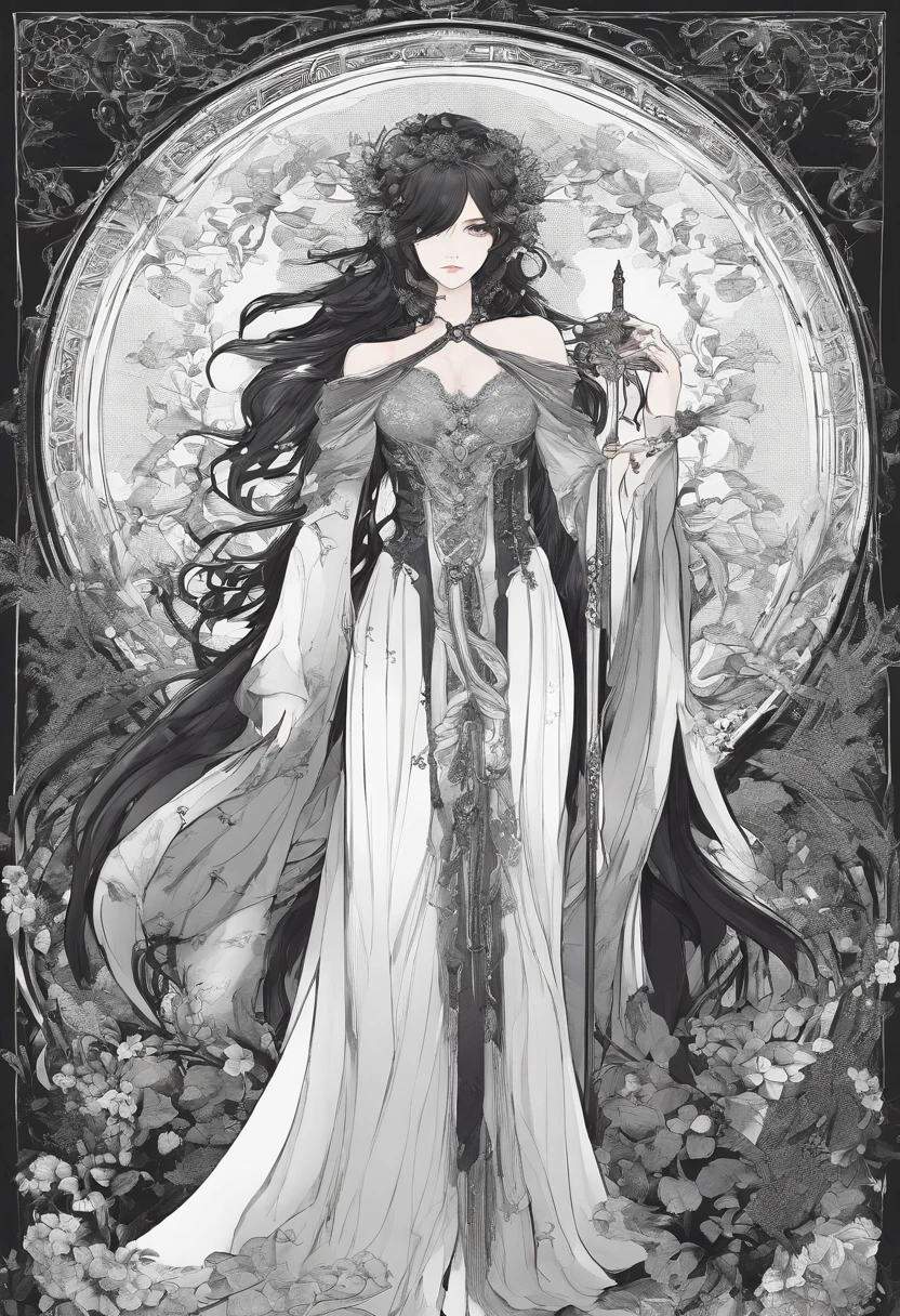 masterpiece、top-quality、hight resolution、High-quality images、8K、Silver metallic、grayscales、skin gloss、Texture of skin and clothing、detaileds、portlate、Detailed eye expression、Lustrous hair、poneyTail、Braided hair、full body Esbian、dong、spear、evening primrose、by mucha、