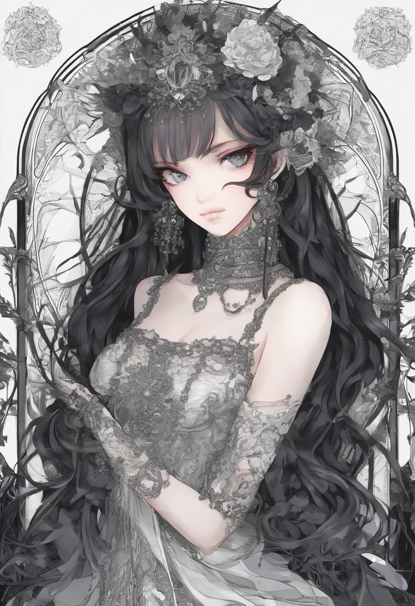masterpiece、top-quality、hight resolution、High-quality images、8K、Silver metallic、grayscales、skin gloss、Texture of skin and clothing、detaileds、portlate、Detailed eye expression、Lustrous hair、poneyTail、Braided hair、full body Esbian、dong、spear、evening primrose、by mucha、