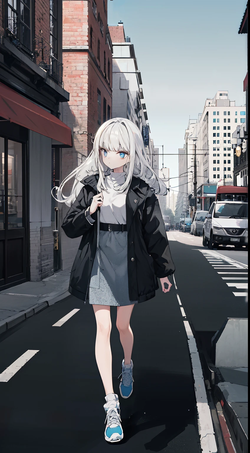 (best quality, HQ, high-res), vibrant colors, masterpiece:1.2, white-haired girl with bright blue eyes, long flowing hair, wearing a stylish and trendy casual outfit, walking confidently in a bustling city street, cute and captivating, emanating a badass vibe