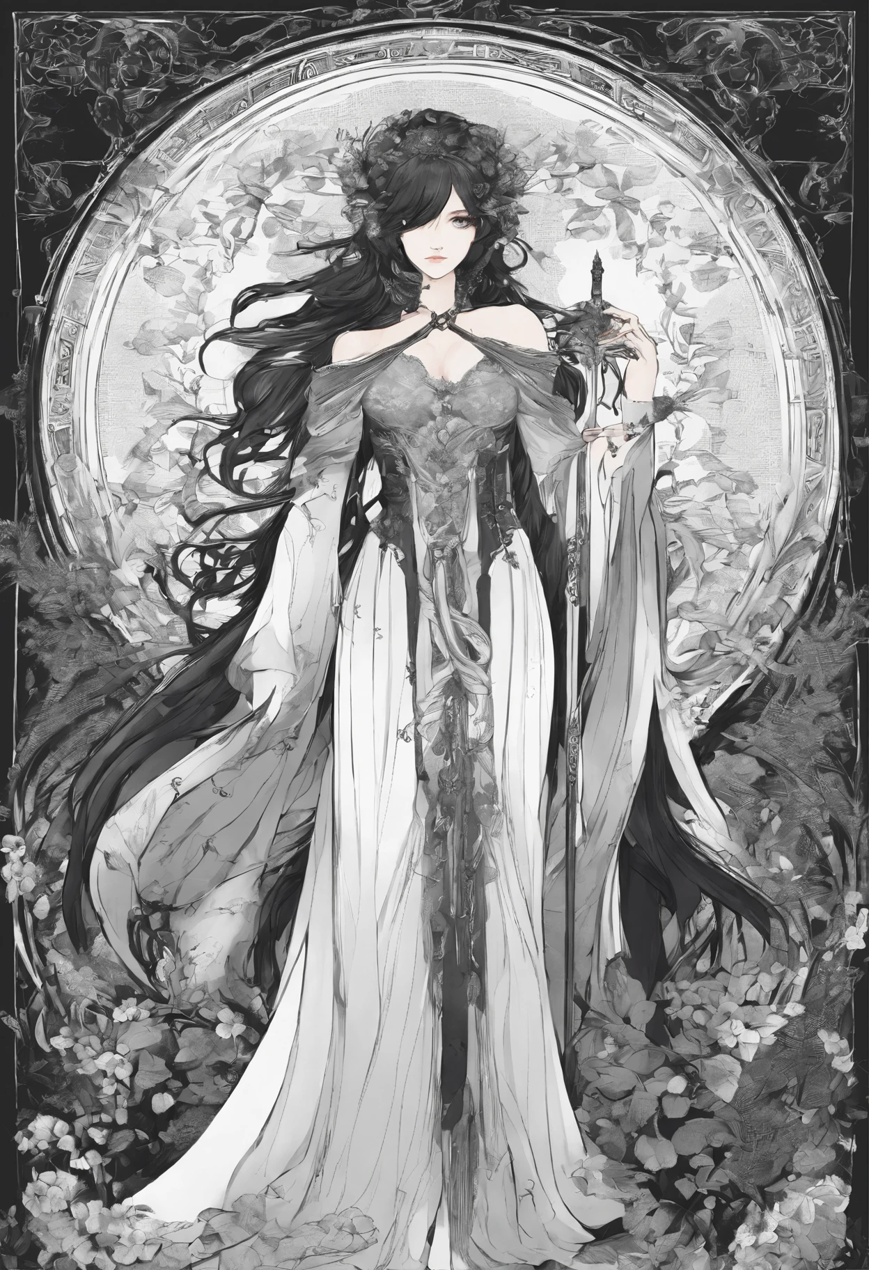 ​masterpiece、top-quality、hight resolution、High-quality images、8K、Silver metallic、grayscales、skin gloss、Texture of skin and clothing、detaileds、portlate、Detailed eye expression、Lustrous hair、poneyTail、Braided hair、full body Esbian、dong、spear、evening primrose、by mucha、