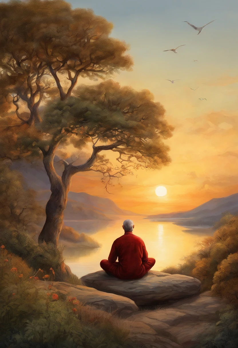 Mature men, sitting in a meditation position, In front of the beautiful Orissant, As the sun sets, Related to the sacred, Portrait photos, director: Drew Tucker, director: Adam Marchinski, director: Alexander Kucharisky, director: Gavin Nolan, 8K surrealism, director: Jason Felix, Yuri Shwedoff e Tom Bagshaw, illustrative art, Estello Eric Johnson
