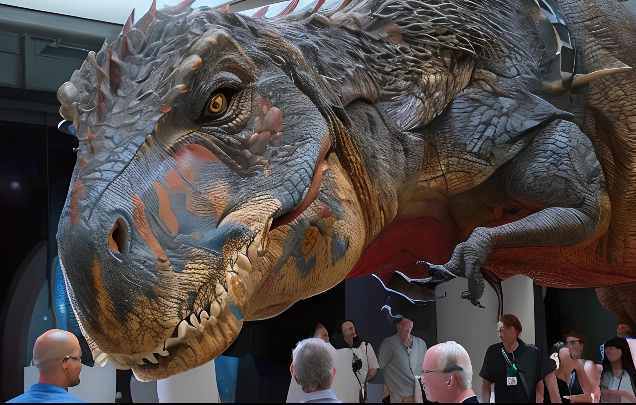 Araffe en un museo con gente mirando un gran dinosaurio, Trex de Godzilla (2014), Weta FX, Estudios Weta, Estudio Weta, Taller de Weta, Realistic and realistic dragon, Dinosaurio Trex, Taller de Weta Concept Art, T-rex, T - Rex, extremadamente detallado y realista, 8 K criatura ultra realista, Weta Disney