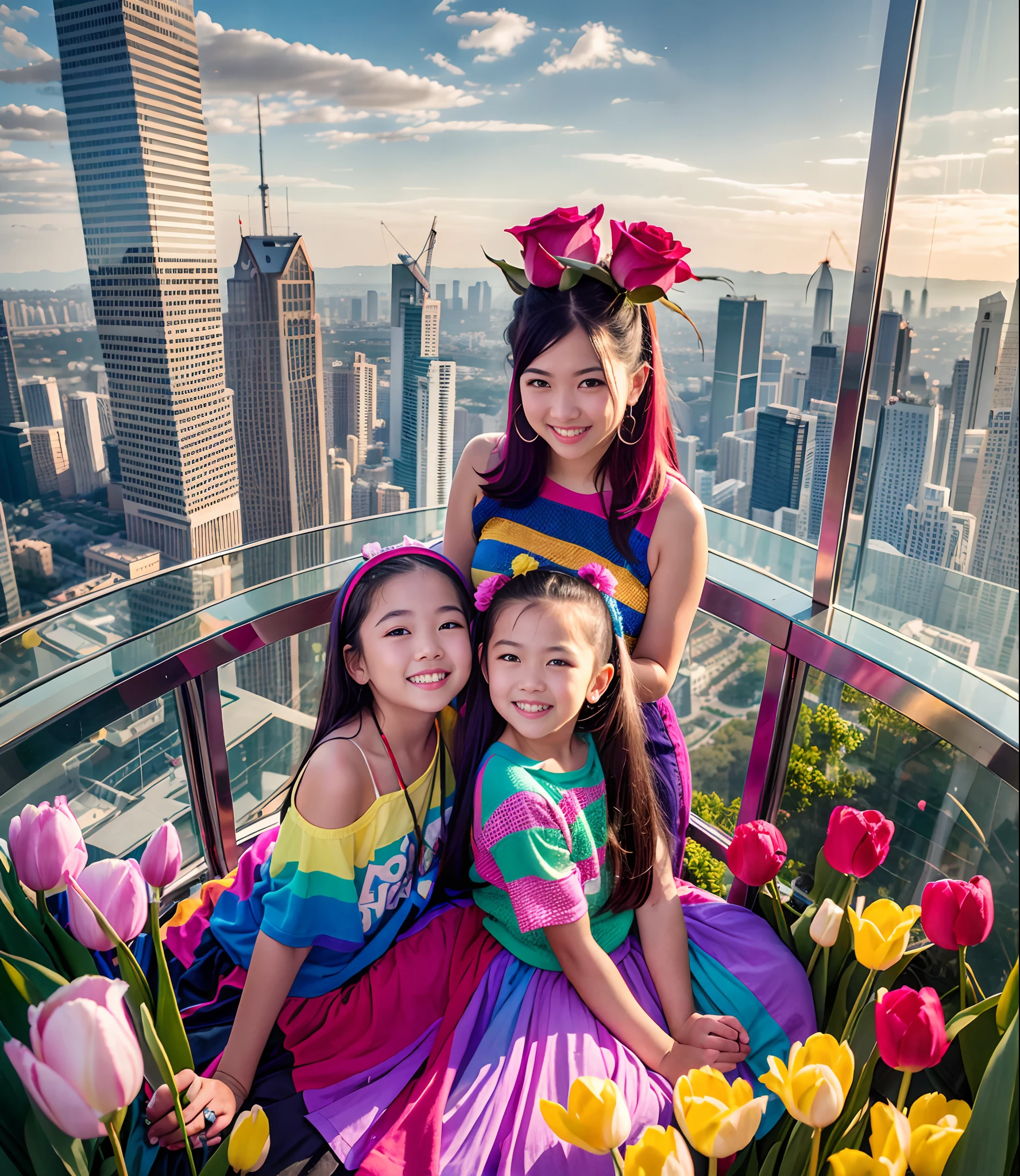 180th floor infinity pool,The tallest building in the urban forest,Around bonsai,Luo Han Song,coconut palms,tulips,Rose flower,Tease alpacas to play,There were five girls wearing openwork translucent stockings,Pouting and smiling,is shy,Pinch your colorful hair, vivid vivid colors, multicolored clothing, Cut a tattered T-shirt, vibrant color details, Vibrant and dynamic, bright vibrant colors, multicolored clothing, rich and vivid colors, vivid vivid colors, Vivid and vibrant colors, vibrant tones, colorful outfit, colorful fashion, vivd colour, vivid and vibrant