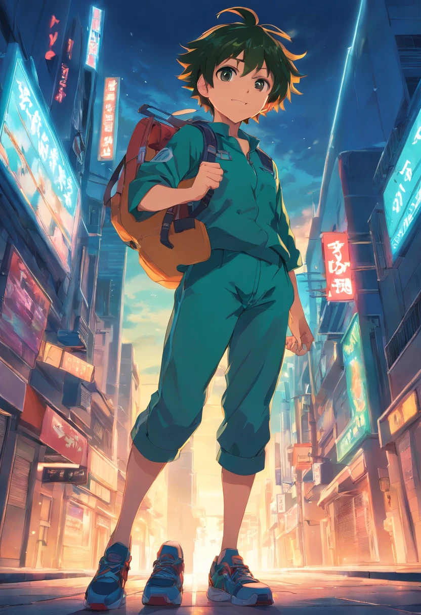Combina Deku y tanjiro en un solo personaje poderoso caminando mirando a camara poco musculosos y con espadas en la cintura