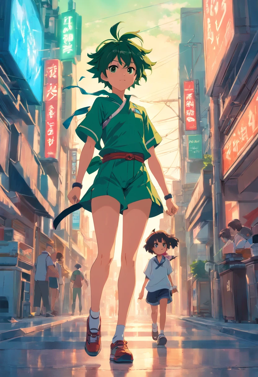 Combina Deku y tanjiro en un solo personaje poderoso caminando mirando a camara poco musculosos y con espadas en la cintura