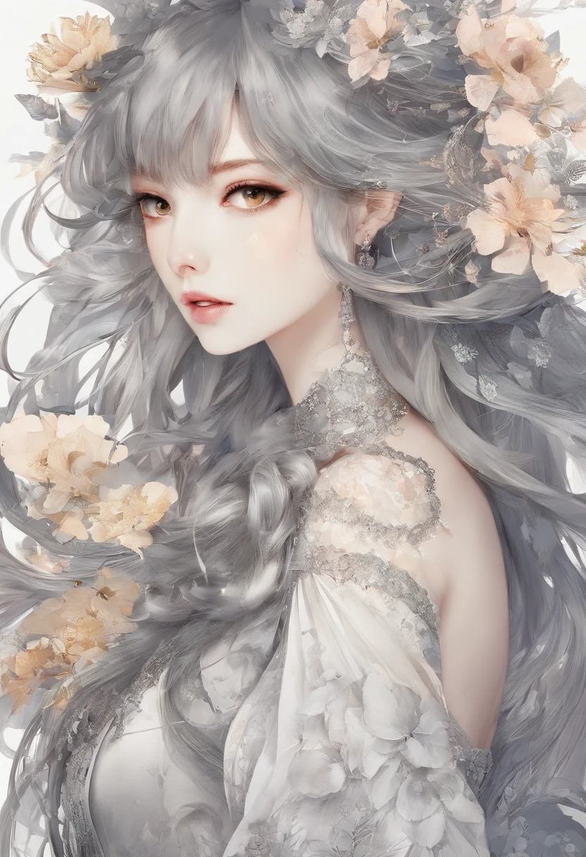 masterpiece、top-quality、hight resolution、High-quality images、8K、Silver metallic、grayscales、skin gloss、Texture of skin and clothing、detaileds、portlate、Detailed eye expression、Lustrous hair、poneyTail、Braided hair、full body Esbian、dong、spear、evening primrose、by mucha、