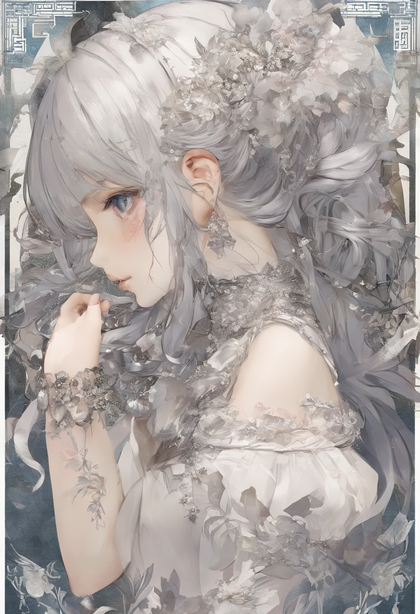 ​masterpiece、top-quality、hight resolution、High-quality images、8K、Silver metallic、grayscales、skin gloss、Texture of skin and clothing、detaileds、portlate、Detailed eye expression、Lustrous hair、poneyTail、Braided hair、full body Esbian、dong、spear、evening primrose、by mucha、