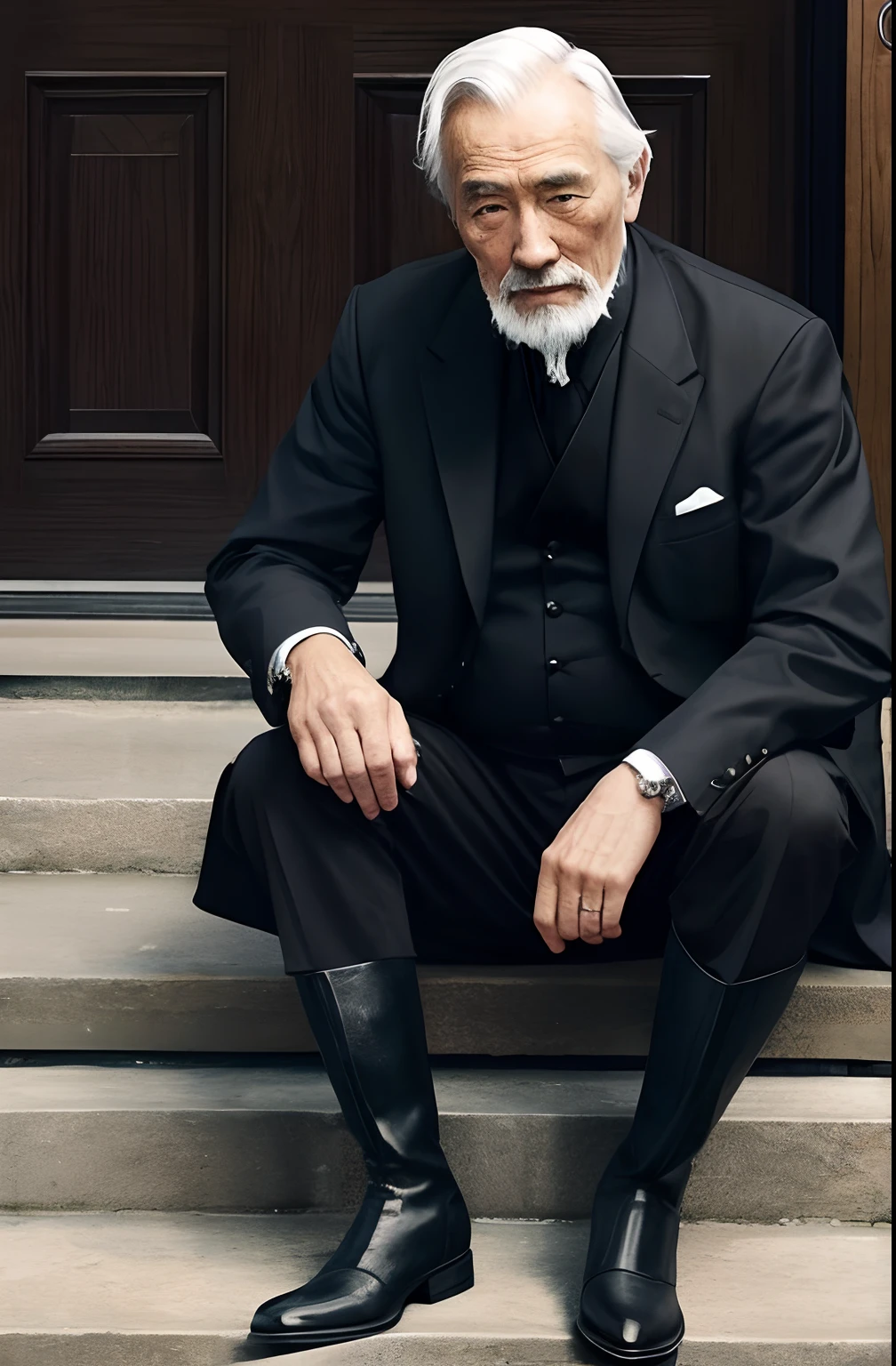Old gentleman in black riding boots,With a goatee。