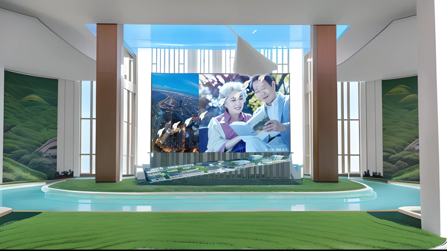 Wellness reception hall,Digital sandbox,LED large screen, Immersive spaces,high - tech,brightly,Surface rivers and a map of Shanghai,The sky is shining behind you,In the middle hangs a row of thousands of paper cranes