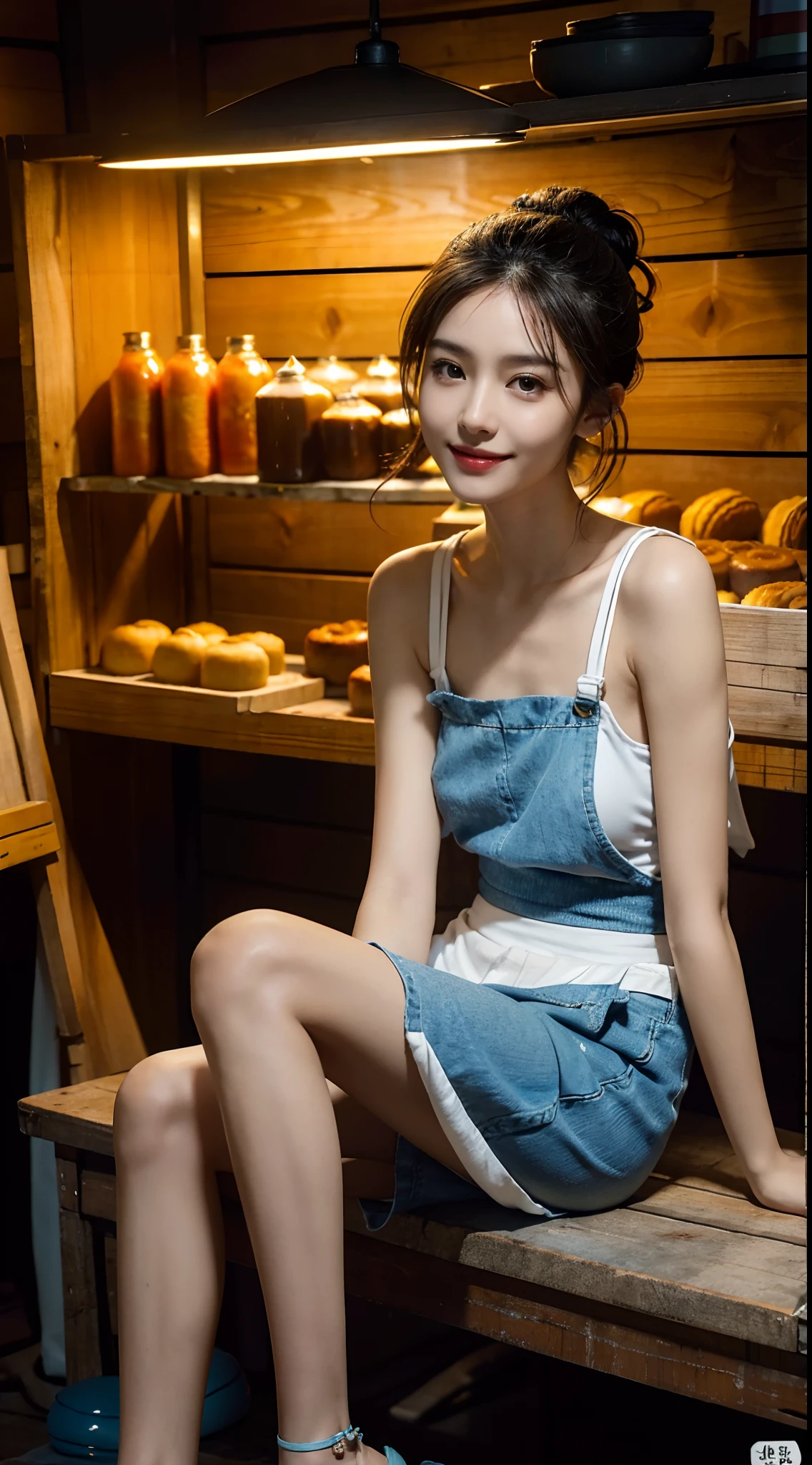 ((small underboob)), (shoulder length black straigh hair:1.2)，short pony tail,（Extremely meticulous CG 8k wallpaper），（Extremely refined and beautiful），（Masterpiece），（best qualtiy：1.0），（Ultra High Resolution：1.0），beautiful light up，Perfect lightning，realistic shaded，[A high resolution]，Smooth and flawless fair skin，Extremely exquisite facial details，（perfect body：1.1），ultra - detailed，A beautiful girl，a seller，small head，(small breasts:1.1)，flat chests，slim，thin，slender waist，Smile，cheerfulness，(blue shorts:1.1)，(Maxi white apron:1.1)，White sandals，Summer，midday, in shade，at a crude and dilapidated market，In the shed，Sitting on a chair behind A stall selling mooncakes，many mooncakes piled up like mountains on the stall，Close Shot，Surrounded by a crowded crowd，back towards the viewer，back of head towards the viewer，Looking in the opposite direction of the viewer