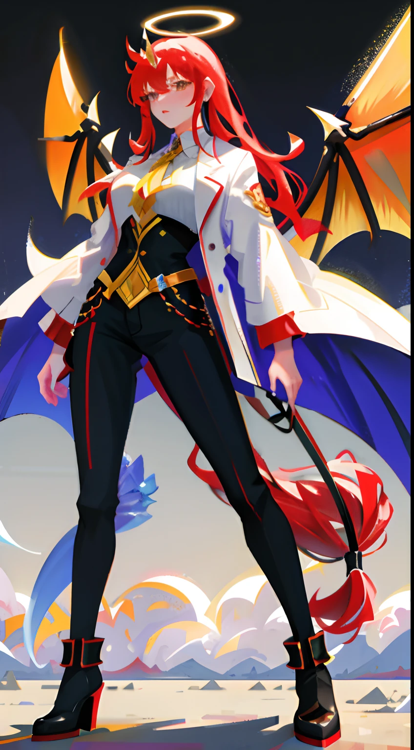 Ethereal dragon girl, The fiery red extra-long hair fell to the ground. She has an incredibly tall height and unusually large breasts. Her hips are also particularly large,wide waist. She wears gorgeous high heels. She has a dragon's tail and horns. Her tail is incredibly long,She has a pair of particularly huge dragon wings on her back,She was surrounded by vibrant particles of light, Create a cosmic atmosphere. The portrait is very detailed, Show the whole body. The image quality is the best,8K分辨率, Use physically based rendering techniques to achieve realistic results, immersive experience. The artwork is intricate,detail-rich, Capture every aspect of the dragon girl's appearance. the composition is symmetrical,visual balance.