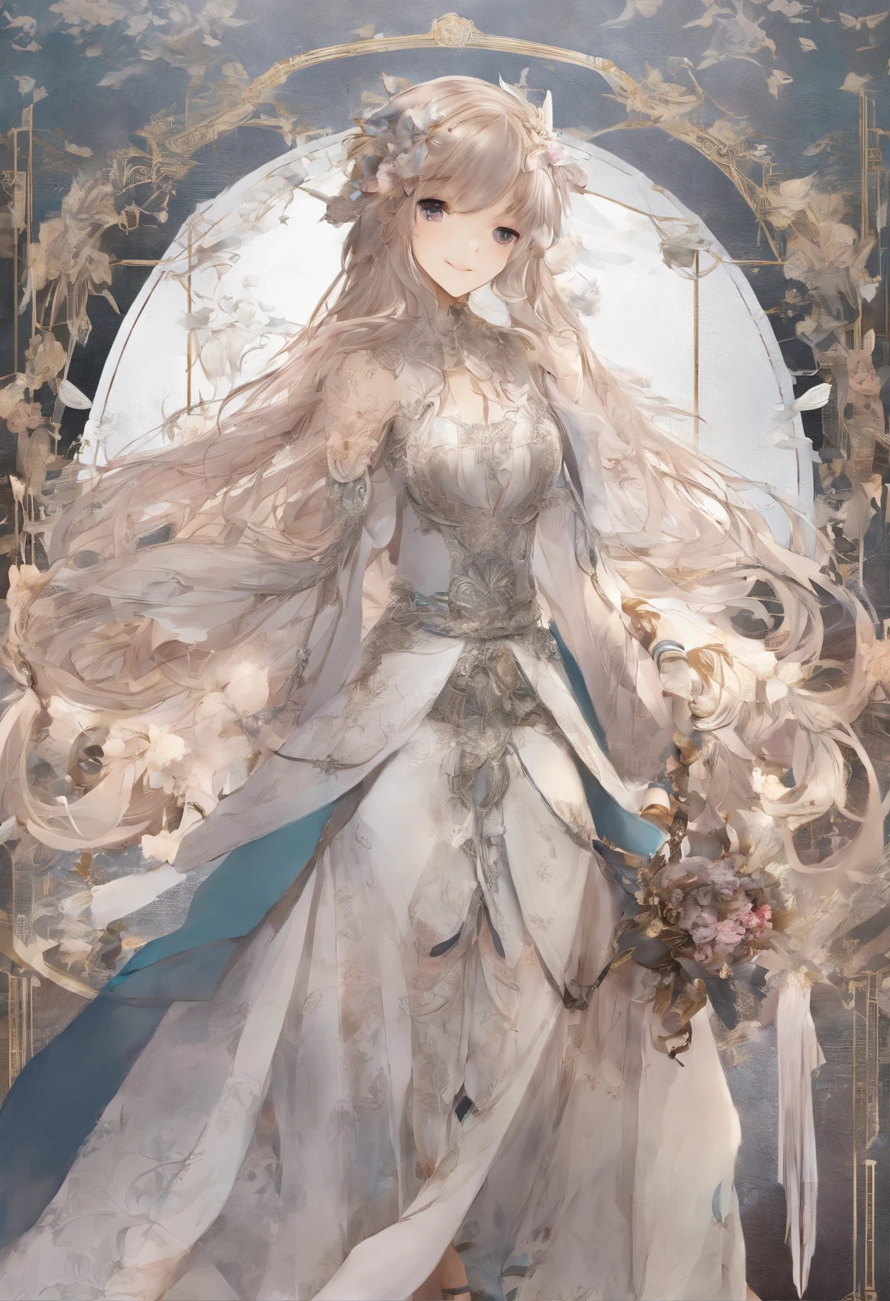 masterpiece、top-quality、hight resolution、High-quality images、8K、Silver metallic、grayscales、skin gloss、Texture of skin and clothing、detaileds、portlate、Detailed eye expression、Lustrous hair、poneyTail、Braided hair、full body Esbian、dong、spear、evening primrose、by mucha、