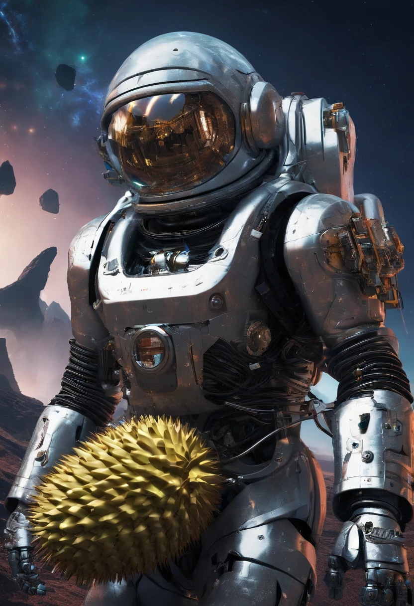 An astronaut carrying a durian fruit in space,