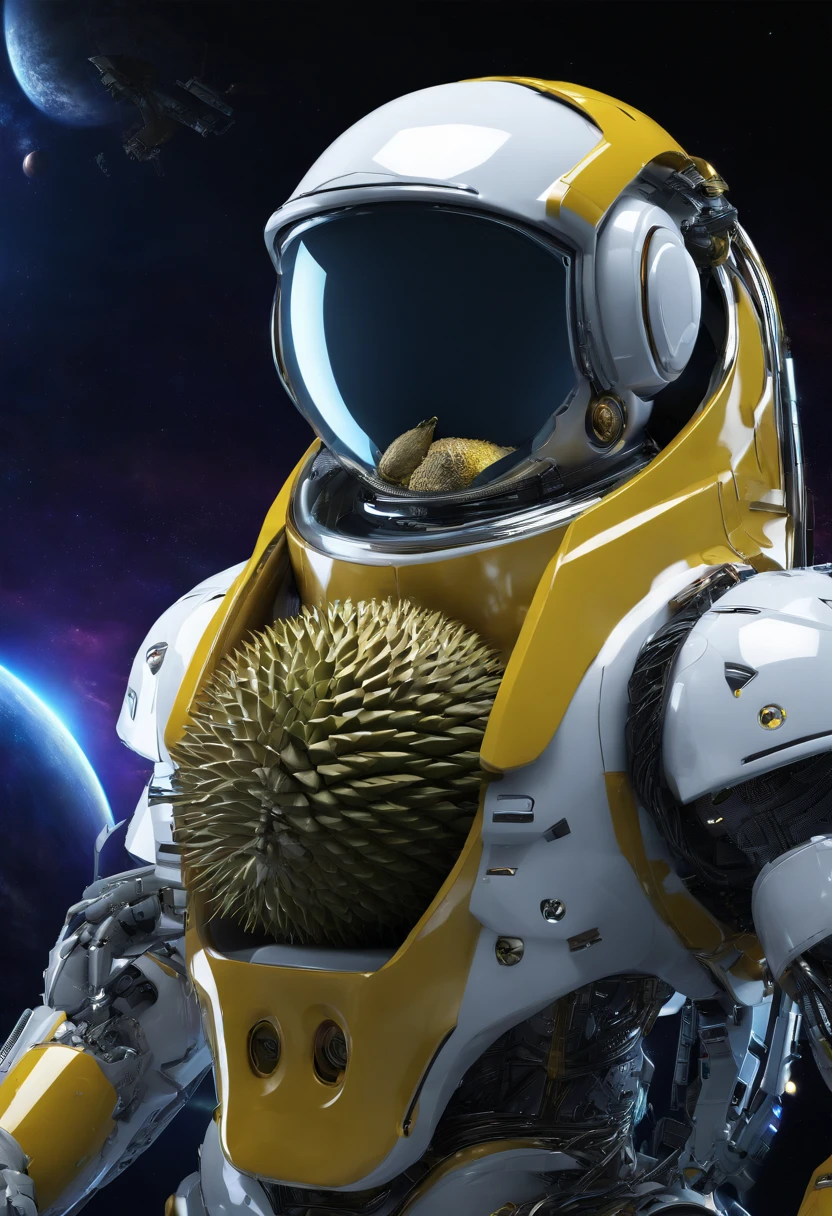 An astronaut carrying a durian fruit in space,