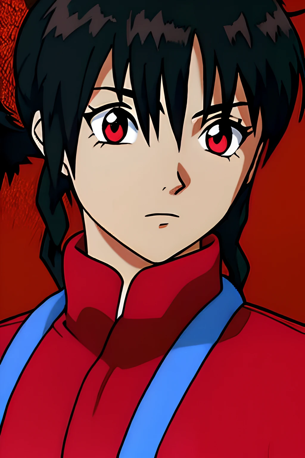 Black Hair, Braided ponytail, messy hair, bangs, hair over left eye, red eye, one eye, neutral expression, black and red outfit, ninja outfit, close up,