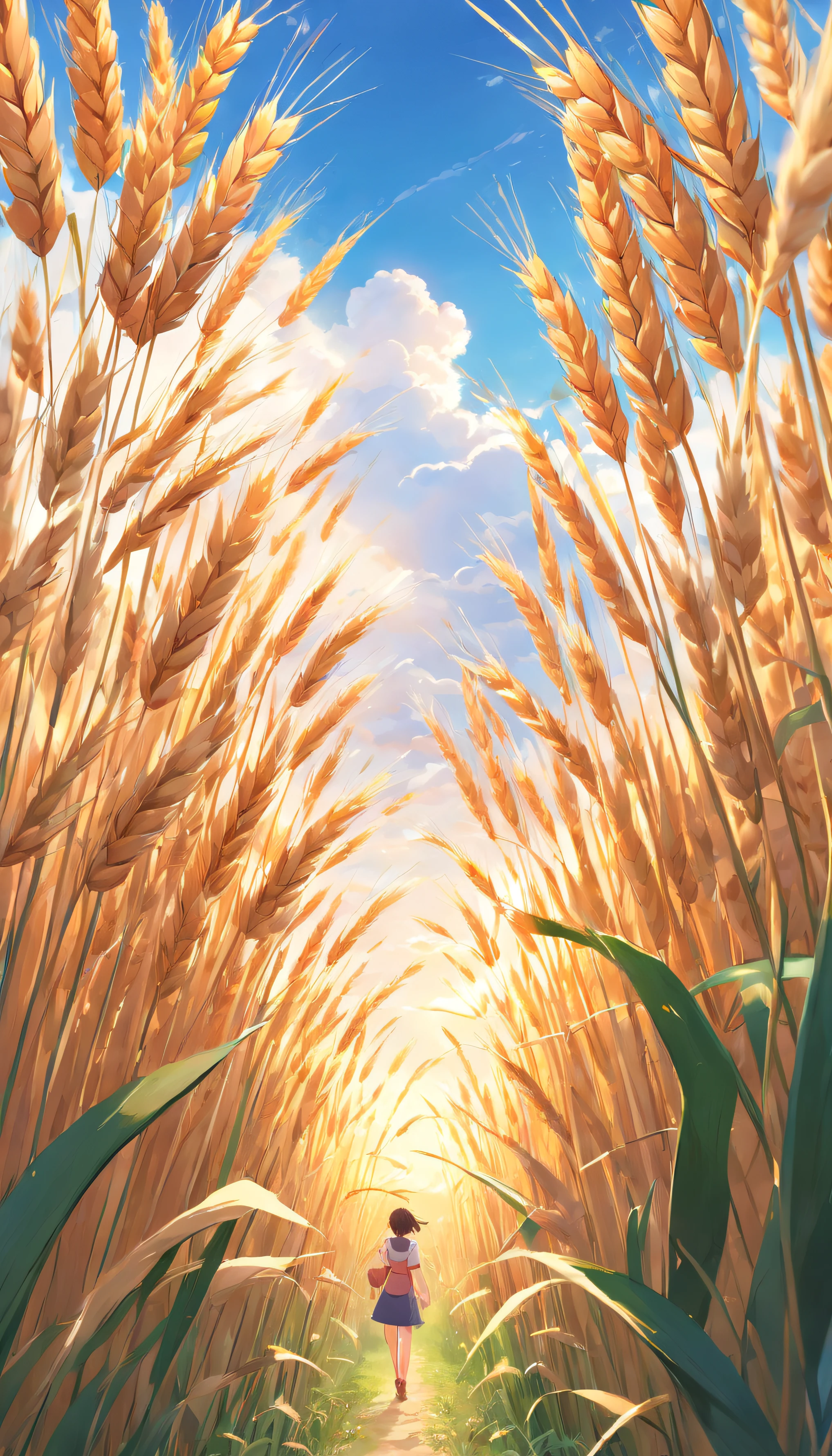 Masterpiece, best quality, (very detailed CG unified 8k wallpaper) (best quality), (best illustration), (best shade) naturally harvested wheat, super detailed, harvester, white clouds, blue sky, no humans --v6