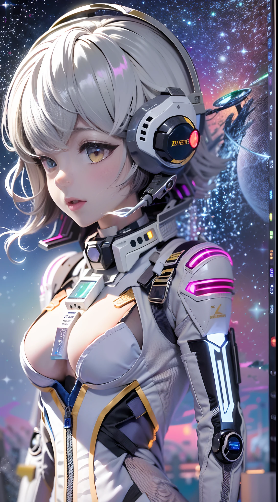(tmasterpiece:1.2),best qualtiy,In space,(nigh sky,medium lenght hair:1.2),(illustratio:1.2),lindo cenario,dreads,(Elaborate luminescence,lens flare glow),(Hyper-detailing),Hyper-detailing,(exquisitedetails),(complexdetails),(Movie light,Best quality backlight),清晰的线条,New world,peeping at the viewer,Solo Woman,(Space Girl,the space),Oriental women,The girl looks like a Chinese movie star,Solo Woman,Perfect body,Beautiful 16 year old girl,(1girll),(Bright bioluminescent hair,bright glowing eyes),(galaxias,Alien planet),(Astronaut wearing sexy futuristic style white fitted spacesuit:1.1),The material of the spacesuit is light and thin,Latex tight spacesuit,The chest of the spacesuit shows the starry sky,Slightly closed eyes,(cyber punk perssonage),(dyna:1.3),(putting makeup on)),hight contrast,(The best lighting,Extremely refined and beautiful),((Movie Moonlight)),Extremely colorful,((Photoshop Pastel Painting:1.1)),aethereal,(Movie Masterpiece),suspense,Funk,(Starskrim),splash of color,absolutly eye-catching,((Caustics)),dynamic angle,big breasts beautiful(detailed glow),(spine-chilling),(Intricate movie scenes behind it:1.2),Environmental occlusion, (Ambient moonshine), ray-traced reflection, intricately detailed visible background , (Glowing spacesuit), terroral, (Bioluminescent vegetation:1.2), terroral, uneasy, A futuristic, terroral, (Hologram heads-up display), (Delicate Great Comet)
