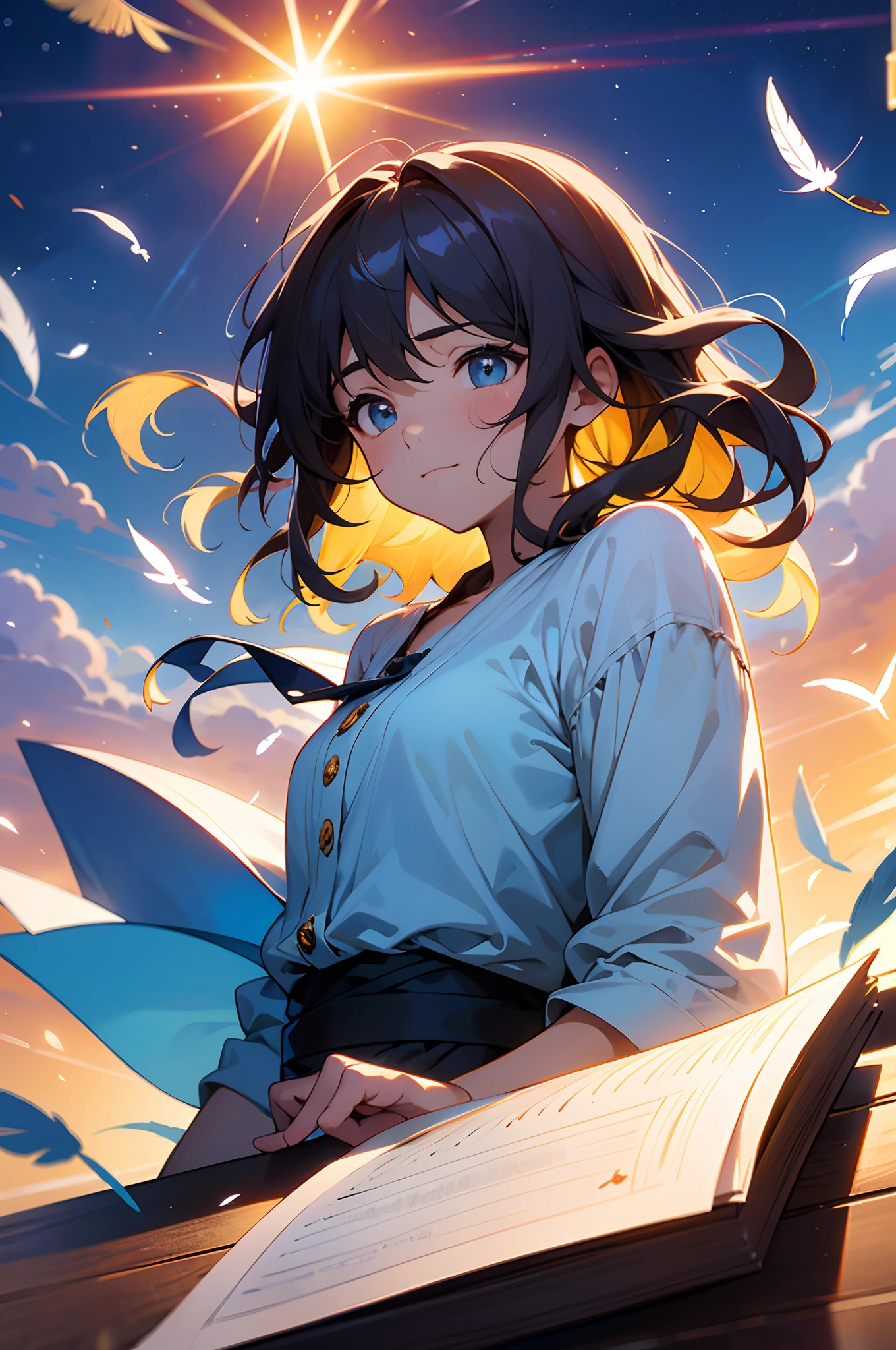 tmasterpiece, best qualityer, cinematic Film still from, Curly-haired calligrapher, Brazilian, Morena, On a rustic table, Immerse yourself in writing, Focused and inspiring expression. Around him, Place piles of manuscripts, Feathers and cartridges, A note and a steaming cup of coffee scribbled on the paper. The sky overhead is shrouded in soft shades of blue and orange, Hints of sunrise or dusk, The scattered clouds in the sky form subtle outlines of letters and words, floating into the sky, Close-up, brightly, cheerfulness, Soft lighting and warmth, Sun sunset, (spark of light: 0,7)