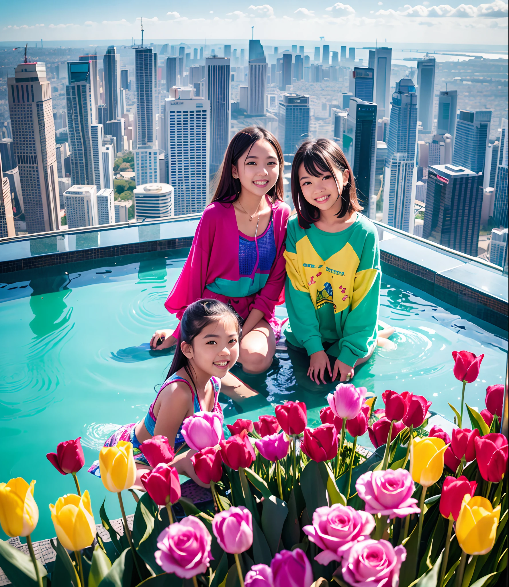 180th floor infinity pool,The tallest building in the urban forest,Around bonsai,Luo Han Song,coconut palms,tulips,Rose flower,Tease alpacas to play,There were five girls wearing openwork translucent stockings,Pouting and smiling,is shy,Pinch your colorful hair, vivid vivid colors, multicolored clothing, Cut a tattered T-shirt, vibrant color details, Vibrant and dynamic, bright vibrant colors, multicolored clothing, rich and vivid colors, vivid vivid colors, Vivid and vibrant colors, vibrant tones, colorful outfit, colorful fashion, vivd colour, vivid and vibrant