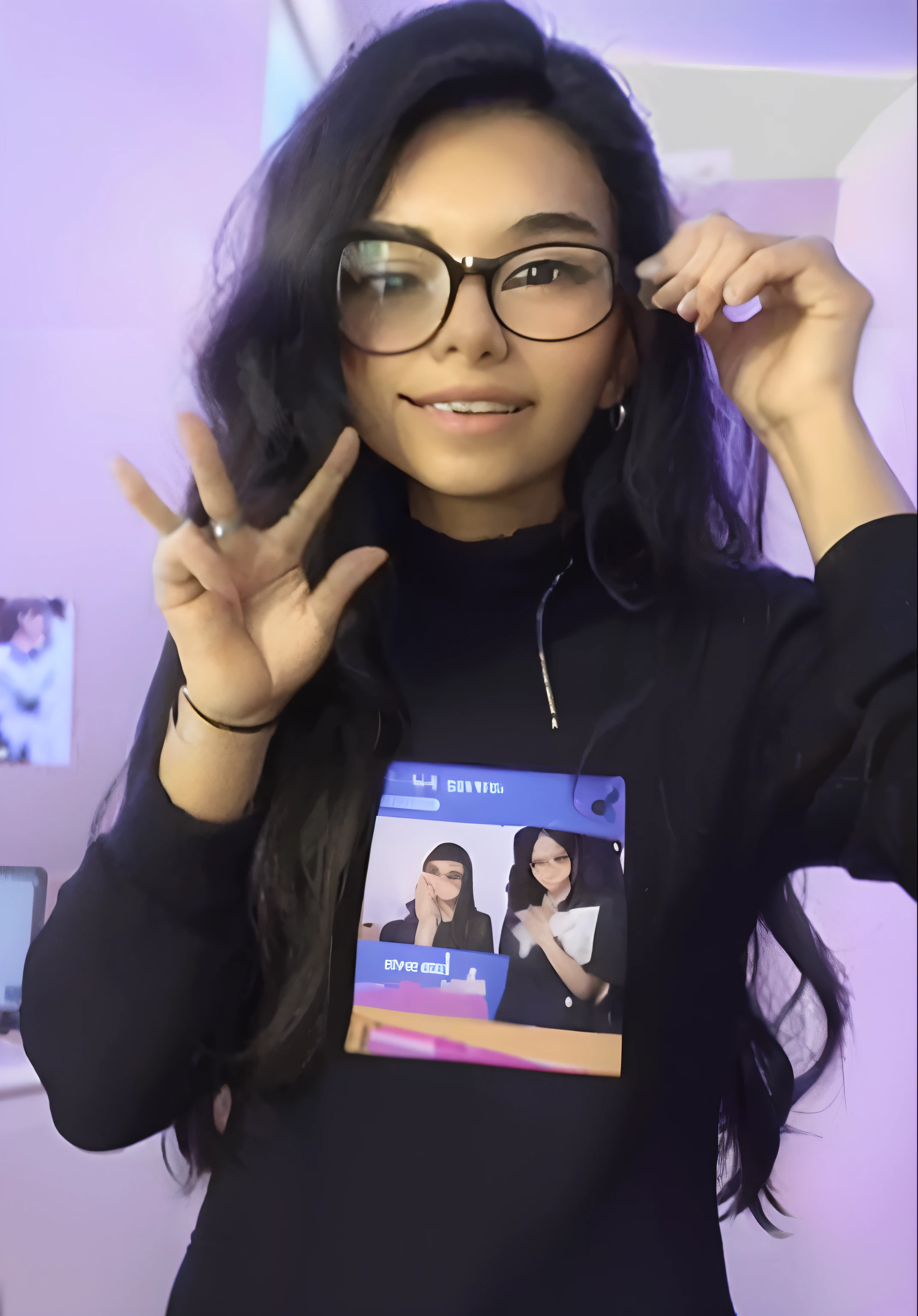 there is a woman with glasses and a black shirt posing for a picture, wavy long black hair and glasses, 18 years old, she is about 1 6 , 1 6 years oldof a young woman, alanis guillen, inspired by Izzy Medrano, mia khalifa, low quality video, she wears harry potter glasses