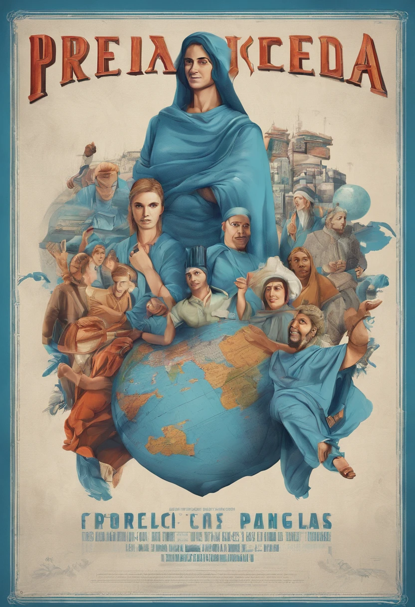 Realistic . A promotional poster with several Different young people carrying World pieces in their hands, they are approaching each other to unite all the pieces the big 3d Title saying "PROJETO PANGEIA" . By literatures incentive . the Colors in neutral shades of blue., poster, photo, product, 3d render, typography, illustration, cinematic