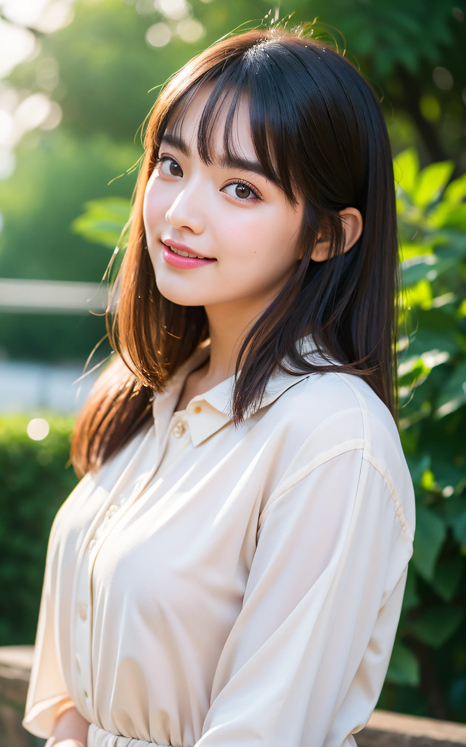realistic photos of 1 cute Korean star, diagonal bangs, hair flying, white skin, thin makeup, 32 inch breasts size, slightly smile, wearing long sleeves shirt,Tokyo tower is backdrop, sunset light, close-up portrait, UHD