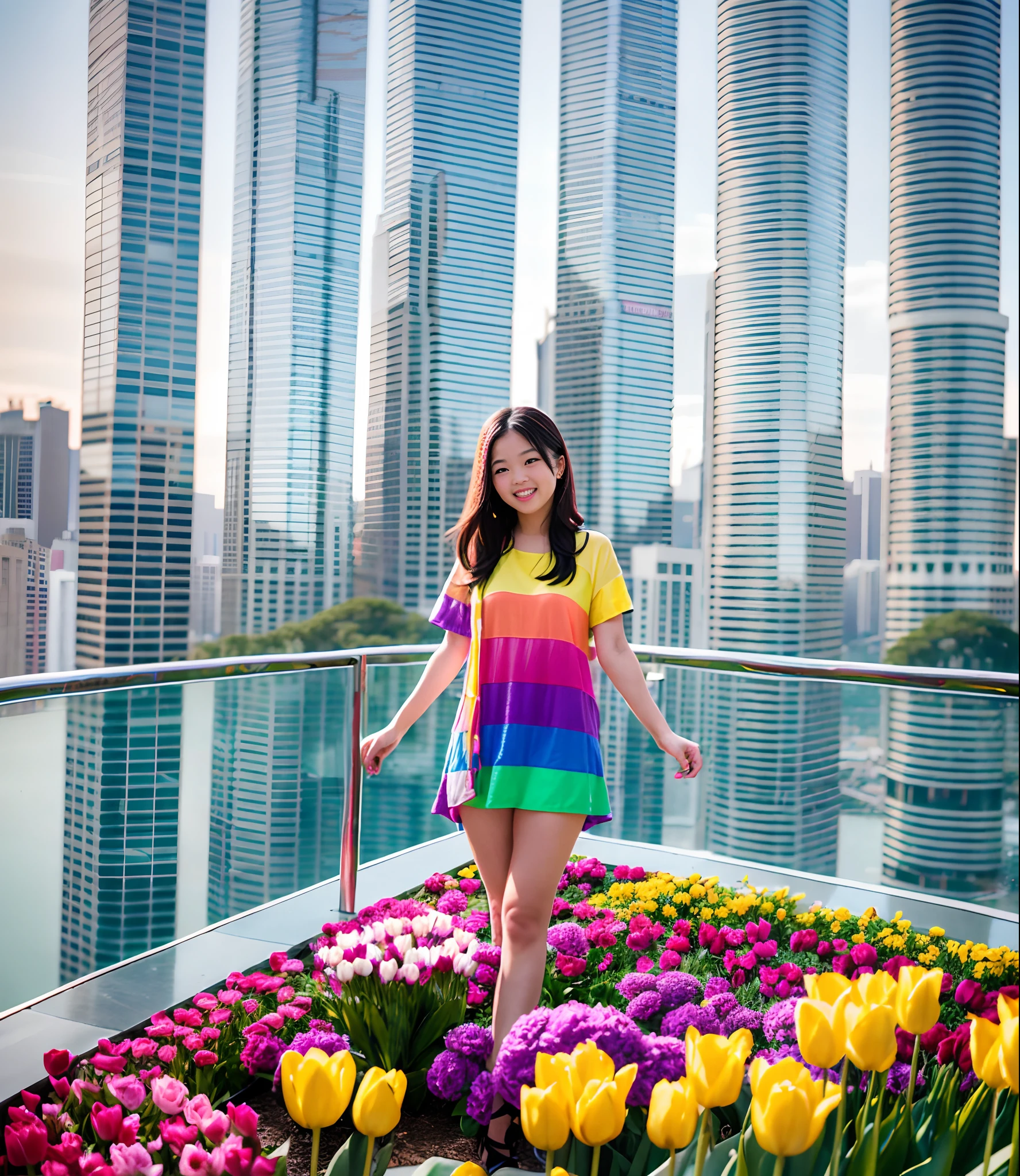180th floor infinity pool,The tallest building in the urban forest,Around bonsai,Luo Han Song,coconut palms,tulips,Rose flower,Tease alpacas to play,There were five little girls wearing openwork translucent stockings,Pouting and smiling,is shy,Pinch your colorful hair, vivid vivid colors, multicolored clothing, Cut a tattered T-shirt, vibrant color details, Vibrant and dynamic, bright vibrant colors, multicolored clothing, rich and vivid colors, vivid vivid colors, Vivid and vibrant colors, vibrant tones, colorful outfit, colorful fashion, vivd colour, vivid and vibrant