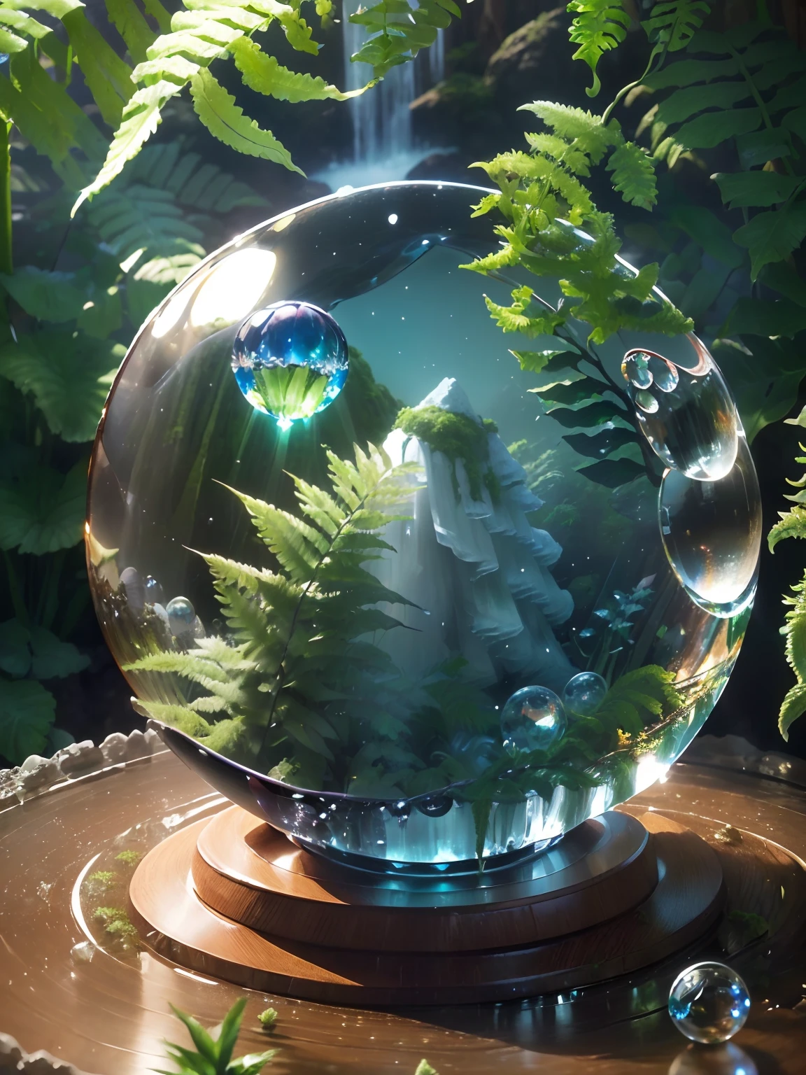 Hyper-realistic、16K High Resolution、small-scale、(Maximum Sharp Focus:1.3)、(Maximum Close-up:1.5)、(Waterfall trapped in a crystal ball with pedestal on table:1.4)、Inside the crystal ball(mosses、ferns:1.5)、(mountain stream、White fog background:1.0)、
