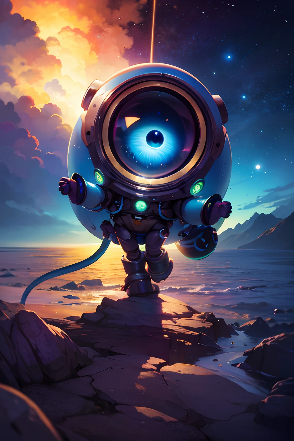 (ultra-detailed, highres, best quality, realistic, vivid colors), cute one eyed alien, minion like, green blue and purple, extraterrestrial being, photography , water planet, nebulae sky, ((best shadow)), best quality