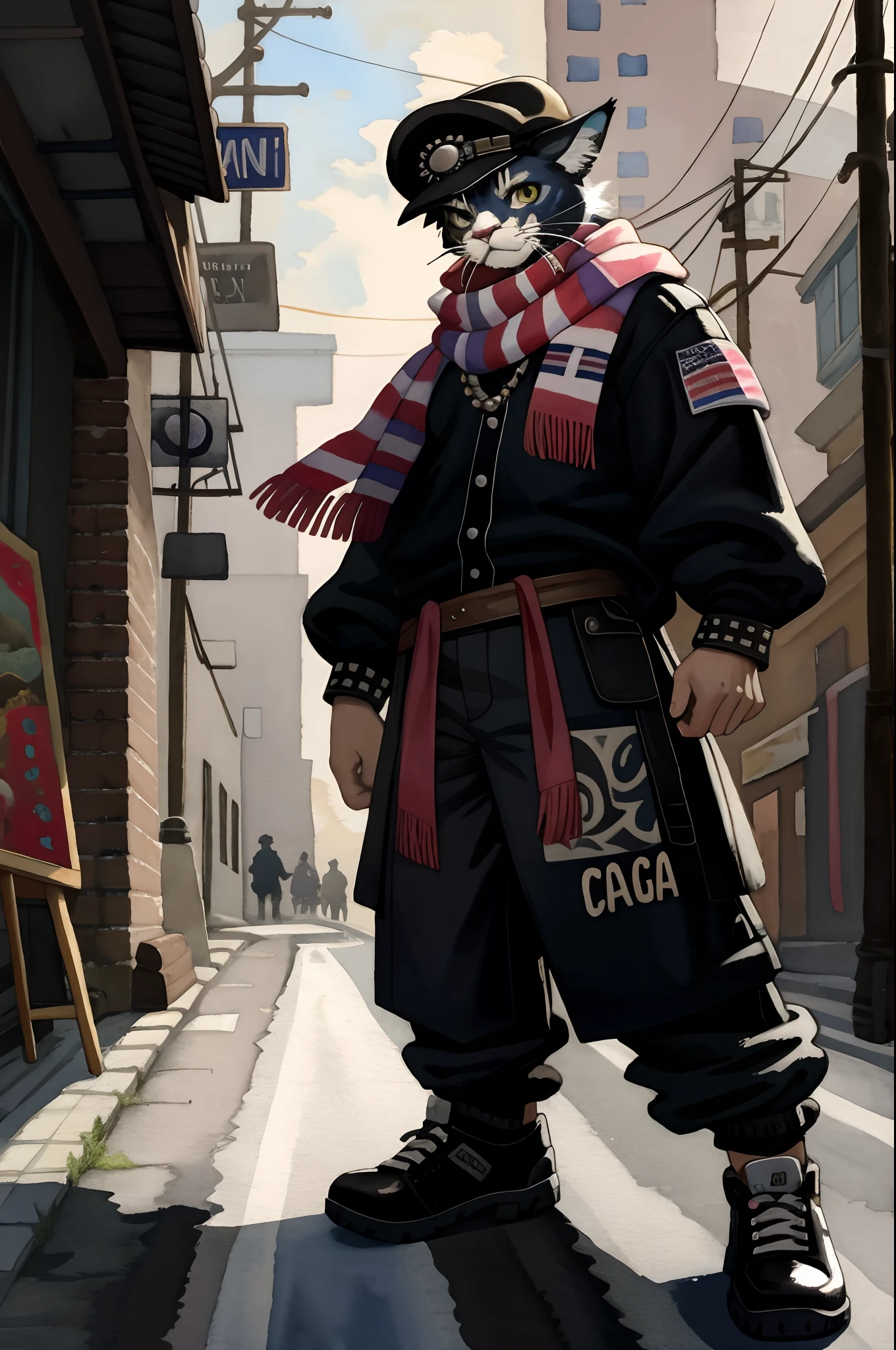 watercolor, soft color, Vintage images, highres, unparalleled masterpiece, absurdres, a painting of a cat wearing a hat and scarf, trending in the art station, dressed in punk clothes, detailed hyper realistic rendering, british gang member, street style, intimidating pose, planet of the cats, clothes with fashion, urban samurai, meow, west slavic features,