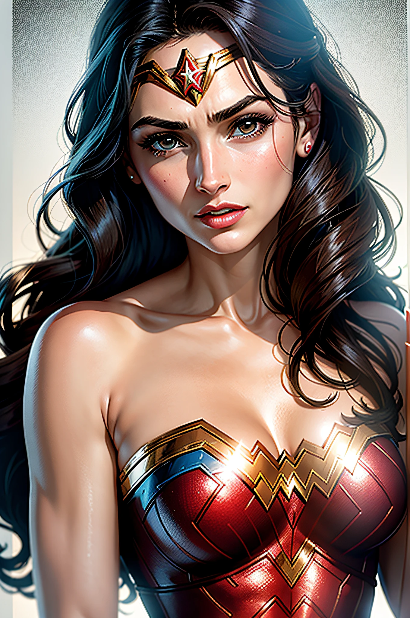 A woman，Gal Gadot as Wonder Woman，top views, Lying in bed，A pained expression on his face，Open your mouth and stick out your tongue，Lively expressions，Full and rich facial details，Keep your eyes open，Roll your eyes，Look upward with your eyes and tilt your head back，Messy hair，Call，Painful expressions，Eyes blue eyeballs turned upwards，Roll your eyes，Eye-to-eye，