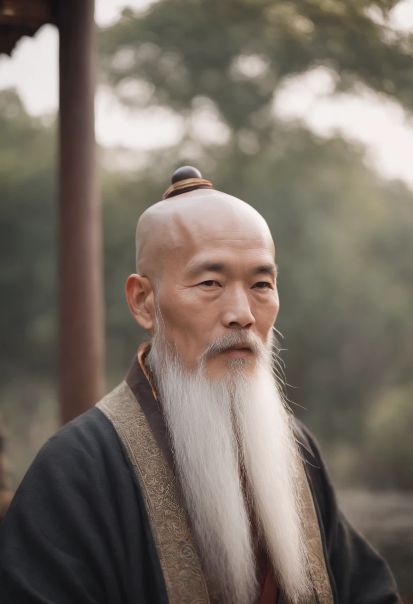 A close-up of an old monk with a long beard and a white beard, Taoist, bald，Monge costumes，inspired by Wu Daozi, Portrait of a monk, Taoist master, portrait photo of an old man, inspired by Hu Zaobin, inspired by Hu Zao, Long white beard, inspired by Li Cheng, 7 0 mm portrait, 60mm portrait