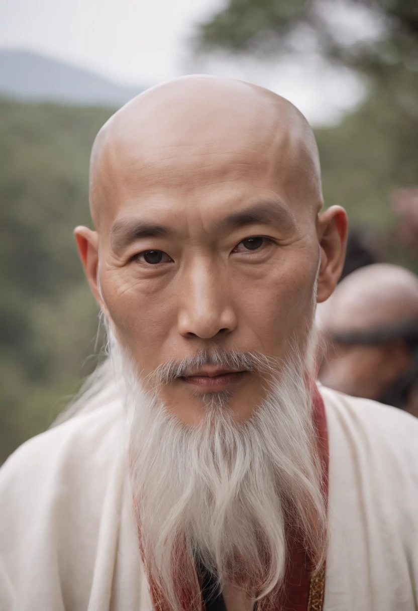A close-up of an old monk with a long beard and a white beard, Taoist, bald,Monge costumes,inspired by Wu Daozi, Portrait of a monk, Taoist master, portrait photo of an old man, inspired by Hu Zaobin, inspired by Hu Zao, Long white beard, inspired by Li Cheng, 7 0 mm portrait, 60mm portrait