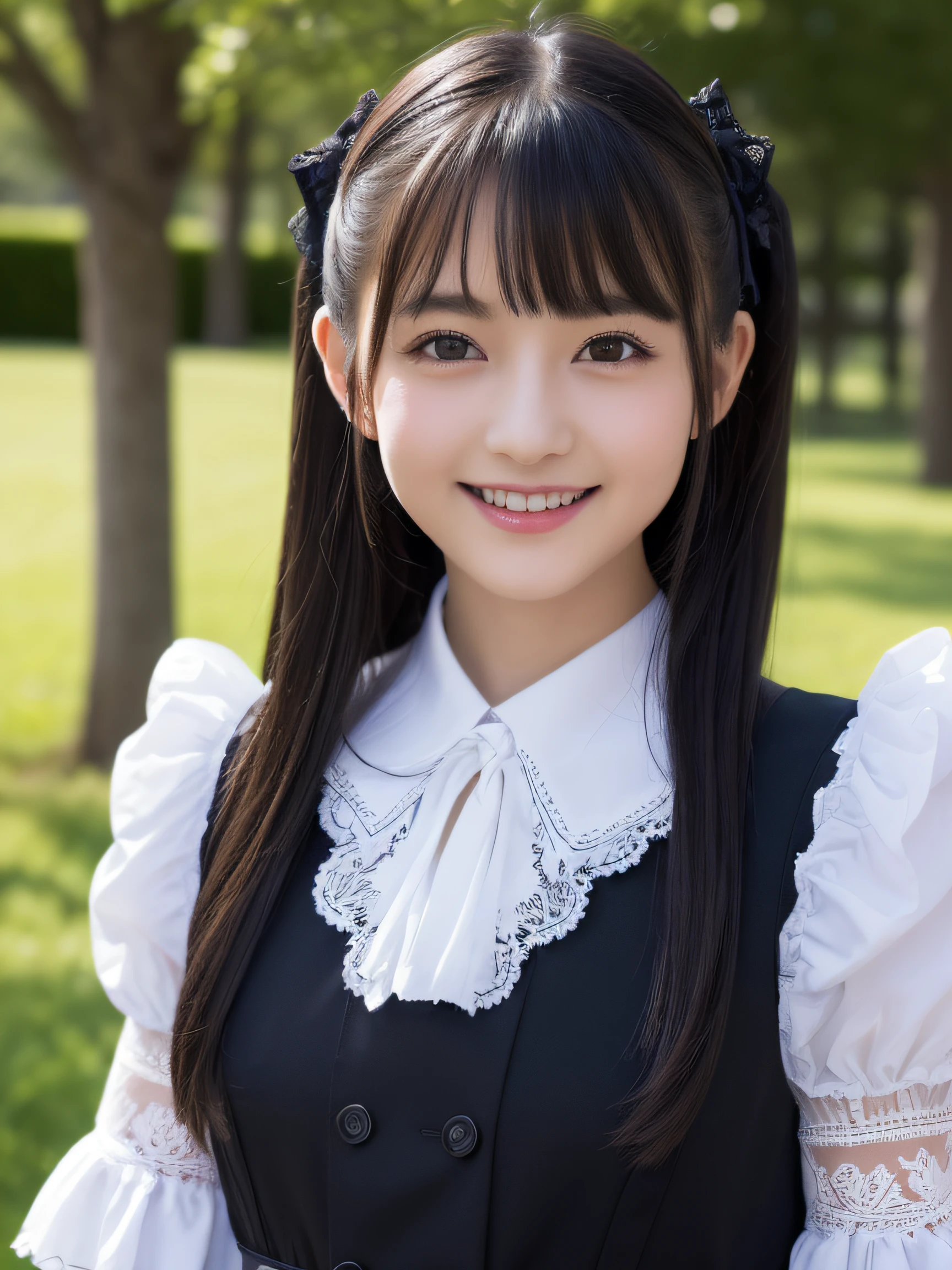 Japan Girl、Very cute、a beauty girl、13years、(Gothic ta Fashion)、Beautiful face, eyes and skin with exquisite detail、fine black hair、Classy ruffles、frilled tie、Ribbon tie、rose hair accessory、(Smile at the camera)、(cowboy shot)、(european castles)、profetional lighting、BREAK、(realisitic、Photorealsitic:1.37)、8k、(masterpiece)、(top-quality:1.4)、(超A high resolution:1.2)、 (RAW Photography:1.2)、(Delicate lace、soft fabric、Beautiful rose pattern dress)、perfect anatomia、4 fingers and 1 thumb、hyper detailed background、(Unity 8k壁纸)