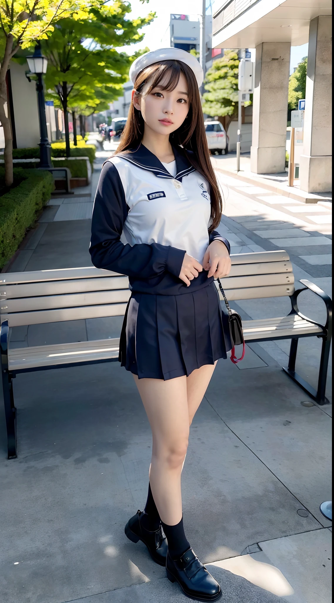 mix4, (16 K, Raw photography, Top image quality, masterpiece: 1.45), (realisitic, Photorealsitic: 1.37), one girls, 7.5, etc、Standing figure,Noon time slot、cute little, A city scape,, profetional lighting, photon maping, Cityscape with street trees, physically-based renderingt, Gradient dark brown hair,, a handsome, Well-groomed and beautiful eyes、Large double eyelids、Very shiny、girl with, (((student clothes、Long sleeve sailor suit worn by Japan girl、red cuffs、Dark blue mini skirt, Small gray beret、Dark blue knee-high socks、Black loafers))), Top Quality Photos, hight resolution, 1080p, (clearface), (Detailed face description), (Detailed hand description), (masterpiece), (Exquisite CG)、extreme light and shadows、dishevled hair、master work、abundant detail、(Fine facial features)、(top quality photo)、(masuter piece)、(A detailed eye)、Look in front of you、Fine clavicle、((Slender big))、(((Japan schooln long-sleeved sailor suit)))、((Ready Idol System))、((Boulevard with street trees、Bus stop、timetable、Benches))、(Shooting from random perspectives)、(((Anyway cute)))、耳Nipple Ring、A big smile、Drawing the whole body from the knees、Do not draw nasolabial folds、(((Long-sleeved sailor suit)))、(Big breasts that hang down big:0.9)、Big buttocks with tension、Two arms and two legs、(((from the front side:0.5)))、bare hand、No mask