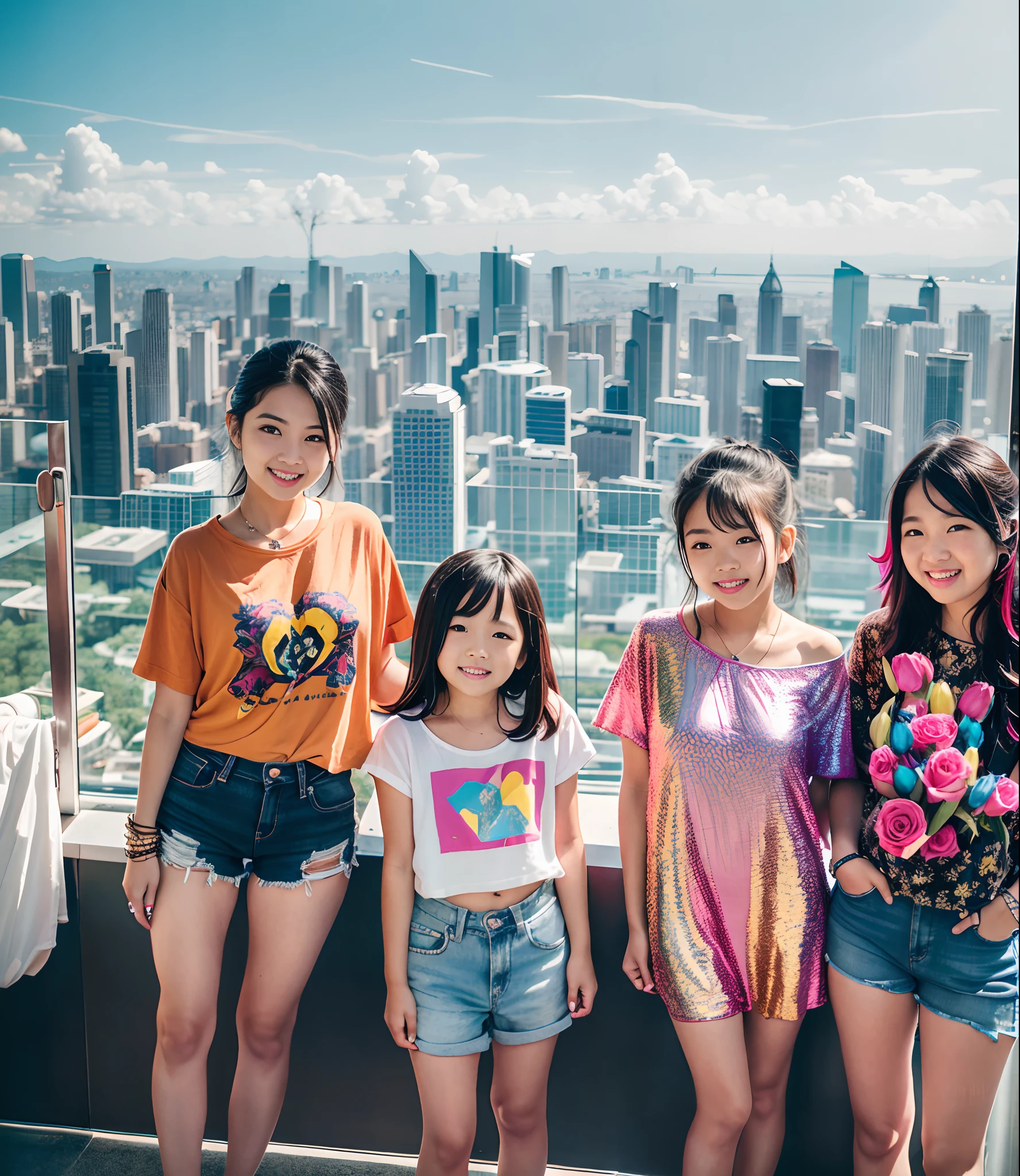 180th floor infinity pool,The tallest building in the urban forest,Around bonsai,Luo Han Song,coconut palms,tulips,Rose flower,Tease alpacas to play,There were five little girls wearing openwork translucent stockings,Pouting and smiling,is shy,Pinch your colorful hair, vivid vivid colors, multicolored clothing, Cut a tattered T-shirt, vibrant color details, Vibrant and dynamic, bright vibrant colors, multicolored clothing, rich and vivid colors, vivid vivid colors, Vivid and vibrant colors, vibrant tones, colorful outfit, colorful fashion, vivd colour, vivid and vibrant