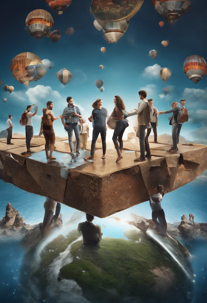 absurd resolution, high resolution, reflection, refraction:1.4 ultra-detalhados:1.0 (illustration,), master part, Realistic . A promotional poster with several different young people carrying pieces of the world in their hands, They're getting closer to putting together all the pieces that the great 3D title says "PROJETO PANGEIA" . Por literatura incentivo . as Cores em tons neutros de azul., poster, fotografia, produto, 3D-rendering, Tipografia, illustration, cinemactic