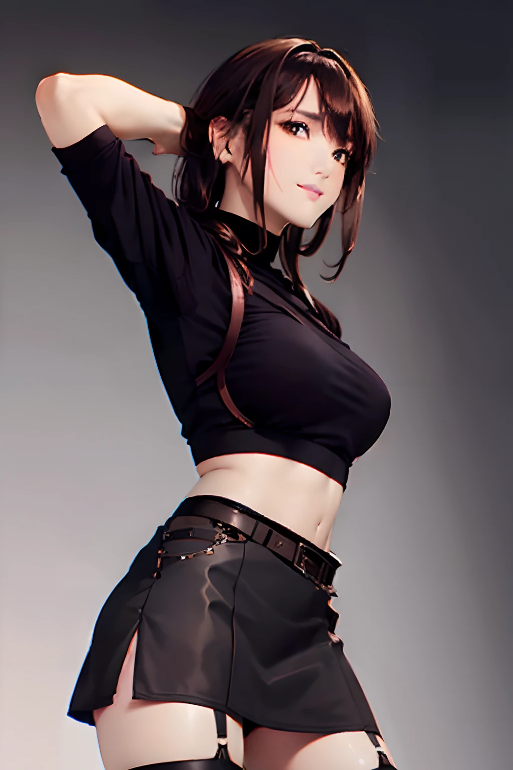 Black skirt, 　suspenders, Brown hair Gray eyes, Garter belt on the legs, Tight clothes, 　　 a belt　Armpit sweat　　Dark look　Moderately breasts　holster　Belt Chain　hair adornments　poneyTail