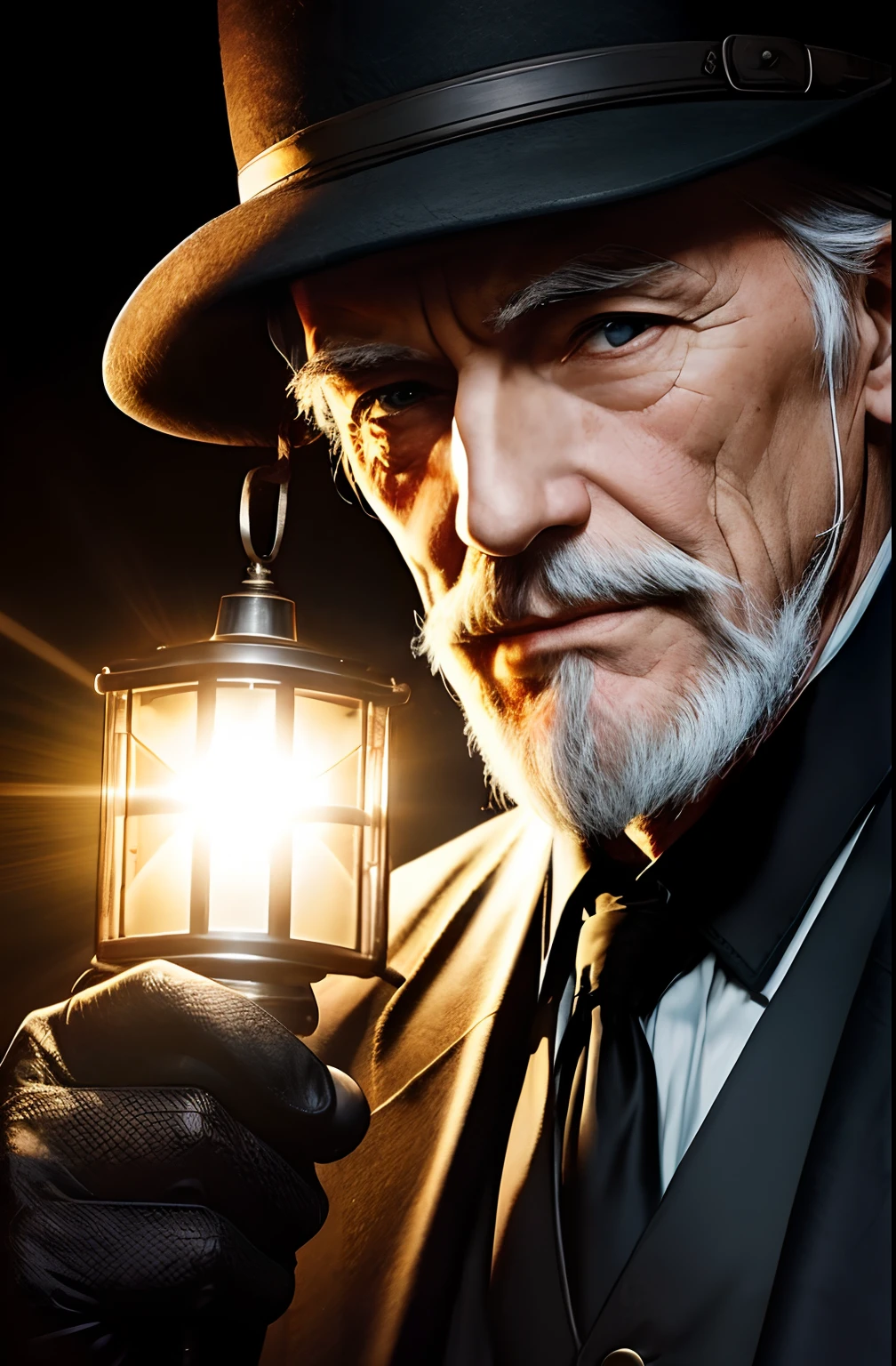 Old gentleman in black riding boots,With a goatee,The light source is on the upper left。