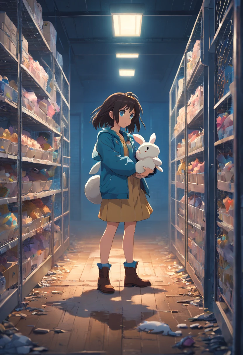 1girll, Dark hair, Blue eyes, (cowboy_Shot:1.2), Face focus, Long hair, side locks, Scared,(terrified:1.1) expression, Holding a bunny doll, Atmospheric lighting, Moody, Darkness, In a birdcage-like prison, There are many scattered rabbit dolls on the ground, Dusty, Post-apocalypse, 锁链, masterful, Beautiful 8k wallpaper, Extremely detailed, Intricate